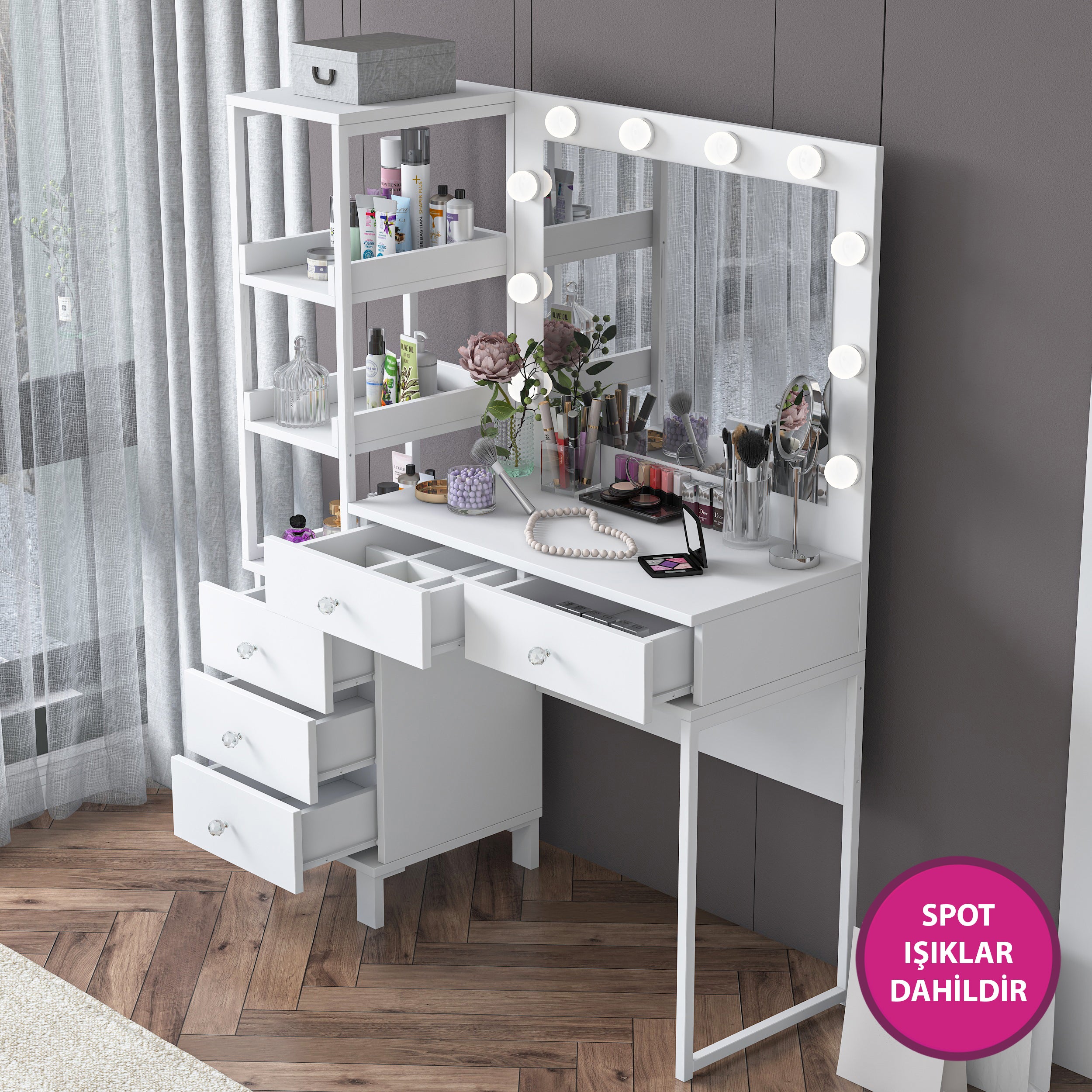 Rani BJ128 Hollywood Işıklı Aynalı Kulis Makyaj Masası 5 Çekmeceli Raflı Takı Düzenleyici Beyaz