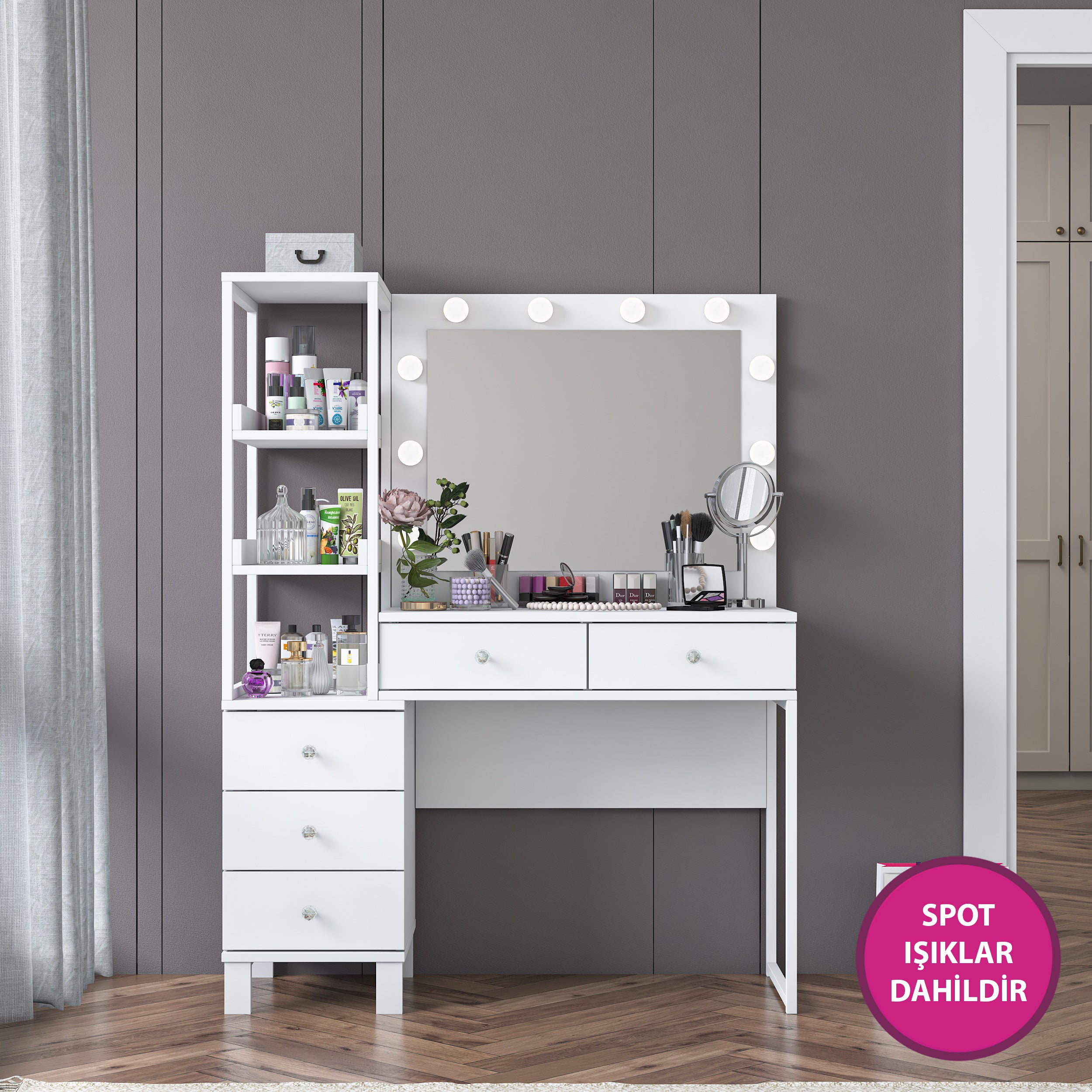 Rani BJ128 Hollywood Işıklı Aynalı Kulis Makyaj Masası 5 Çekmeceli Raflı Takı Düzenleyici Beyaz