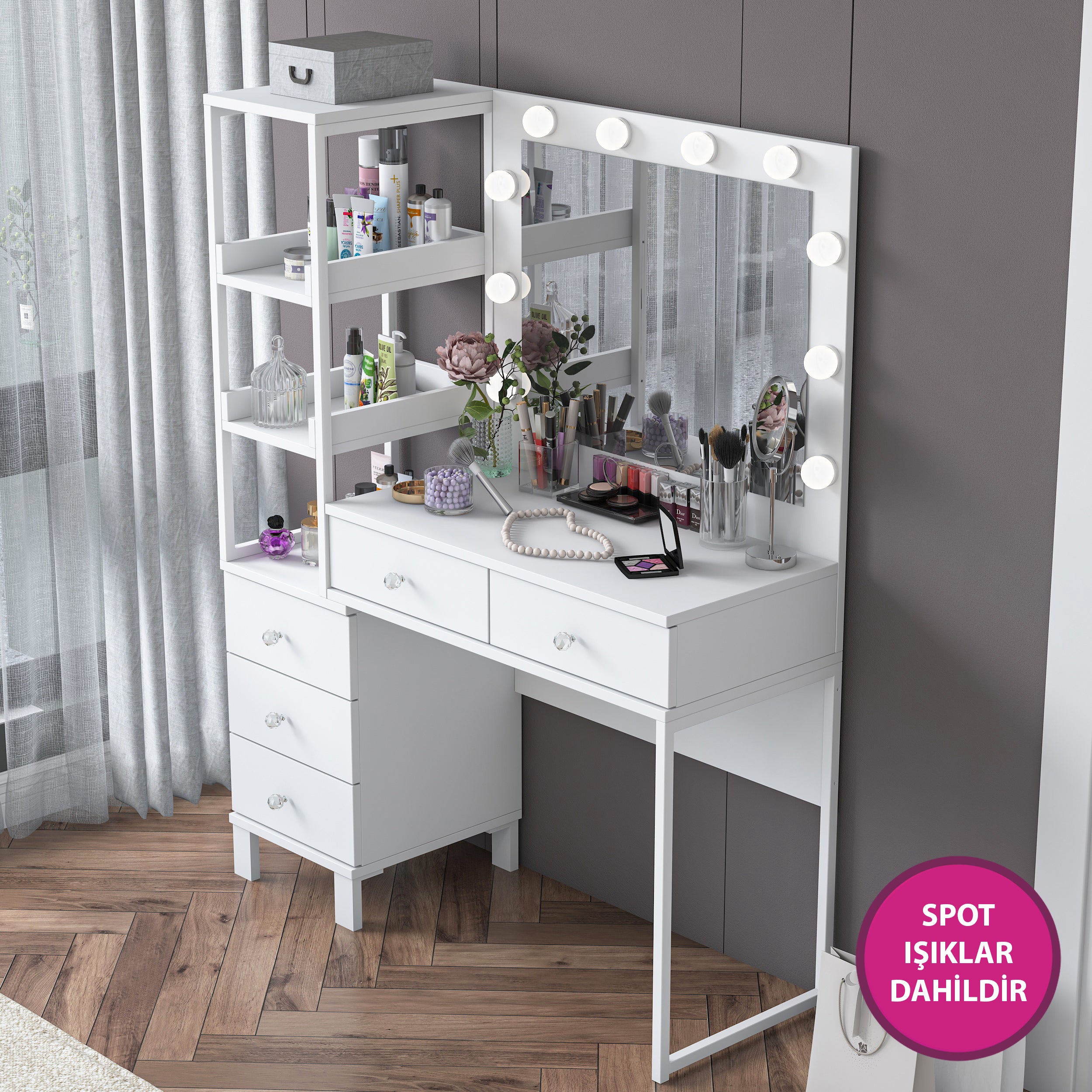 Rani BJ128 Hollywood Işıklı Aynalı Kulis Makyaj Masası 5 Çekmeceli Raflı Takı Düzenleyici Beyaz