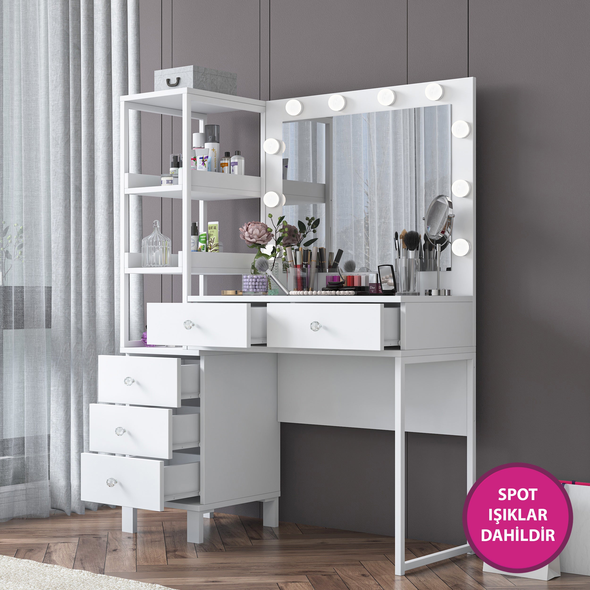 Rani BJ128 Hollywood Işıklı Aynalı Kulis Makyaj Masası 5 Çekmeceli Raflı Takı Düzenleyici Beyaz