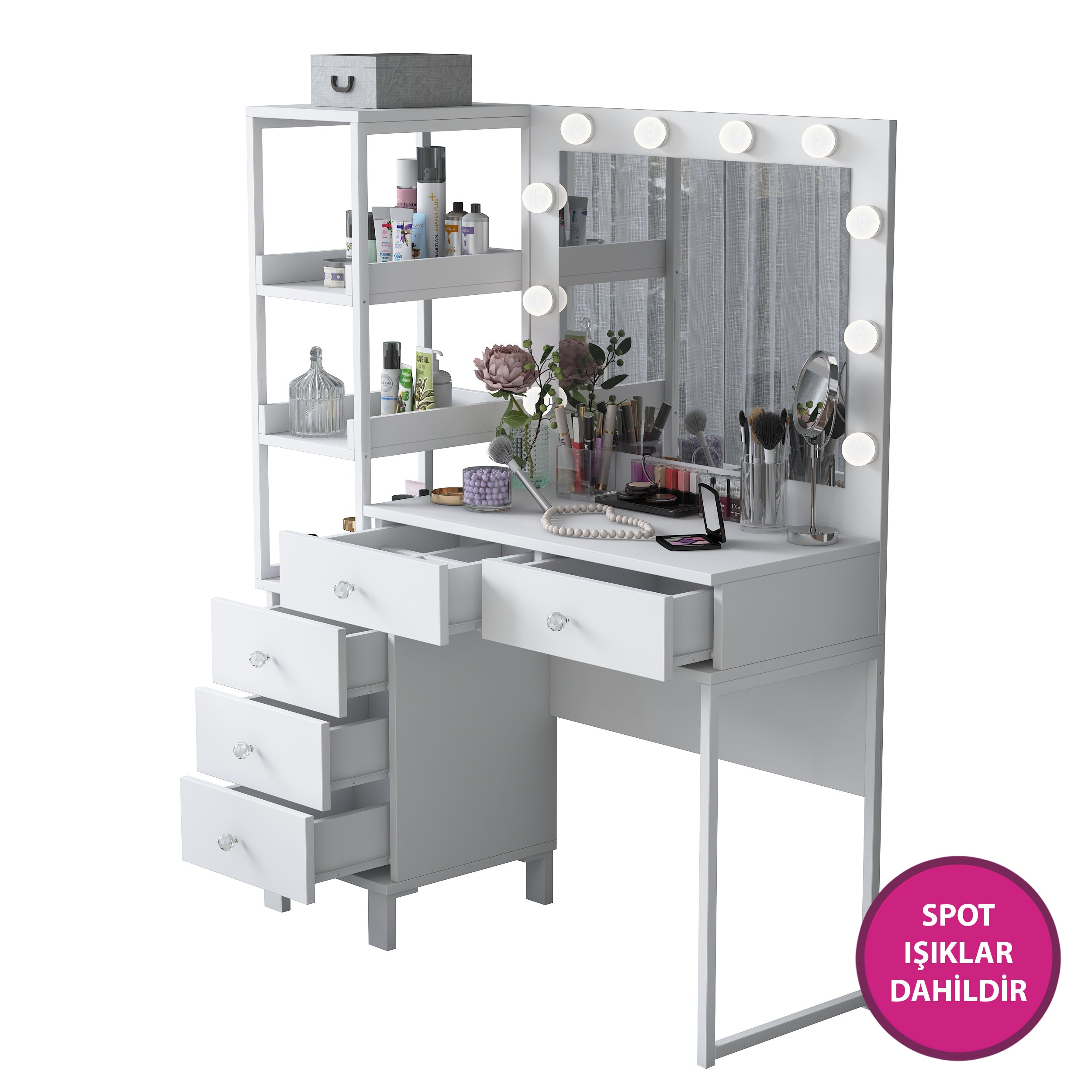 Rani BJ128 Hollywood Işıklı Aynalı Kulis Makyaj Masası 5 Çekmeceli Raflı Takı Düzenleyici Beyaz