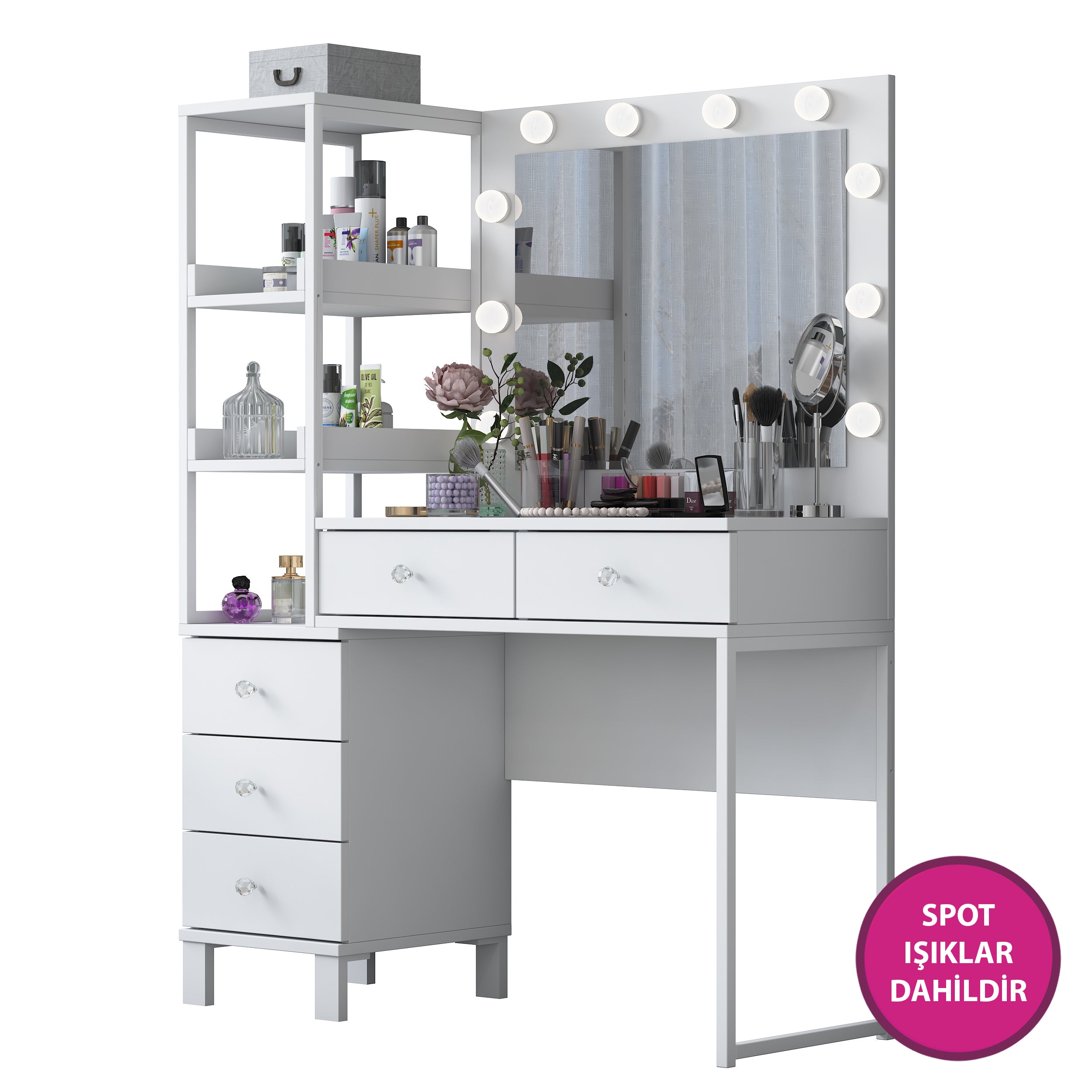 Rani BJ128 Hollywood Işıklı Aynalı Kulis Makyaj Masası 5 Çekmeceli Raflı Takı Düzenleyici Beyaz