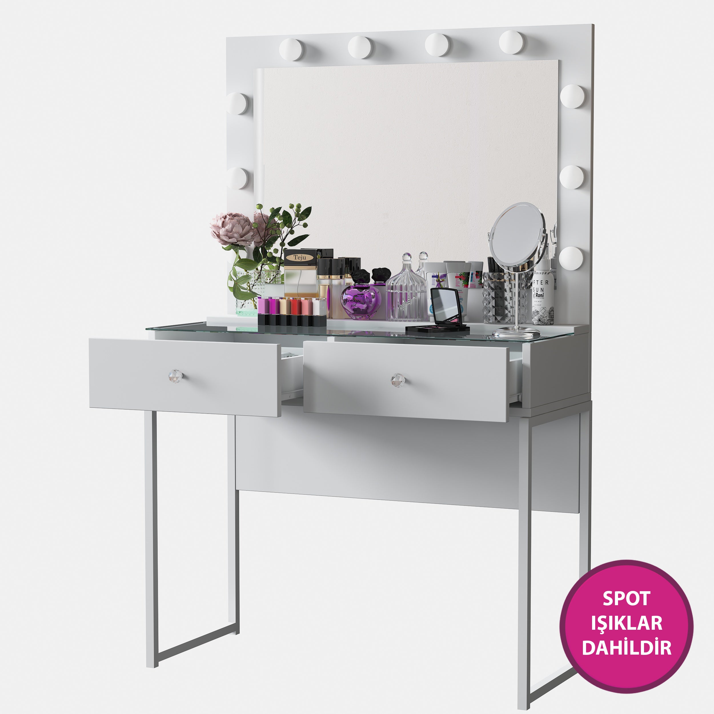 Rani BJ146 Hollywood Işıklı Aynalı Kulis Makyaj Masası Cam Tablalı 2 Çekmeceli Takı Düzenleyici Beyaz