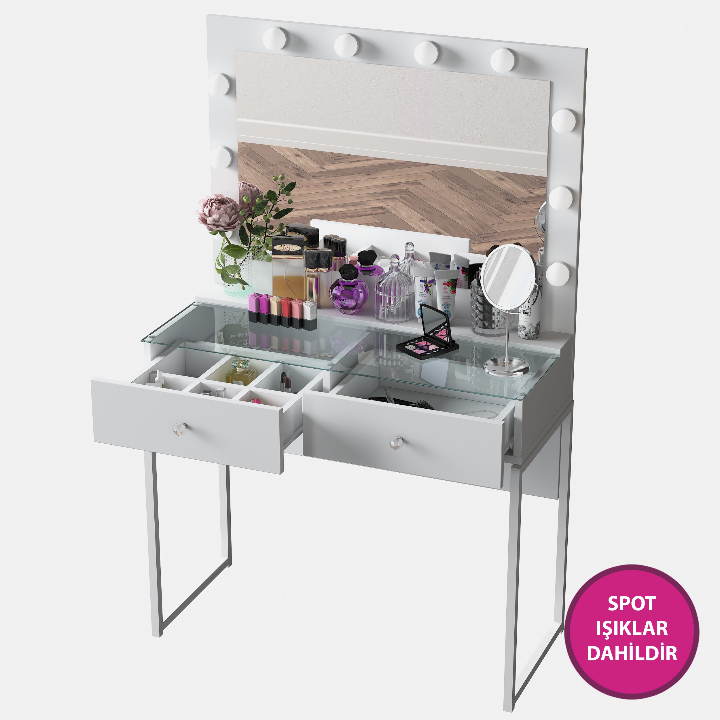 Rani BJ146 Hollywood Işıklı Aynalı Kulis Makyaj Masası Cam Tablalı 2 Çekmeceli Takı Düzenleyici Beyaz