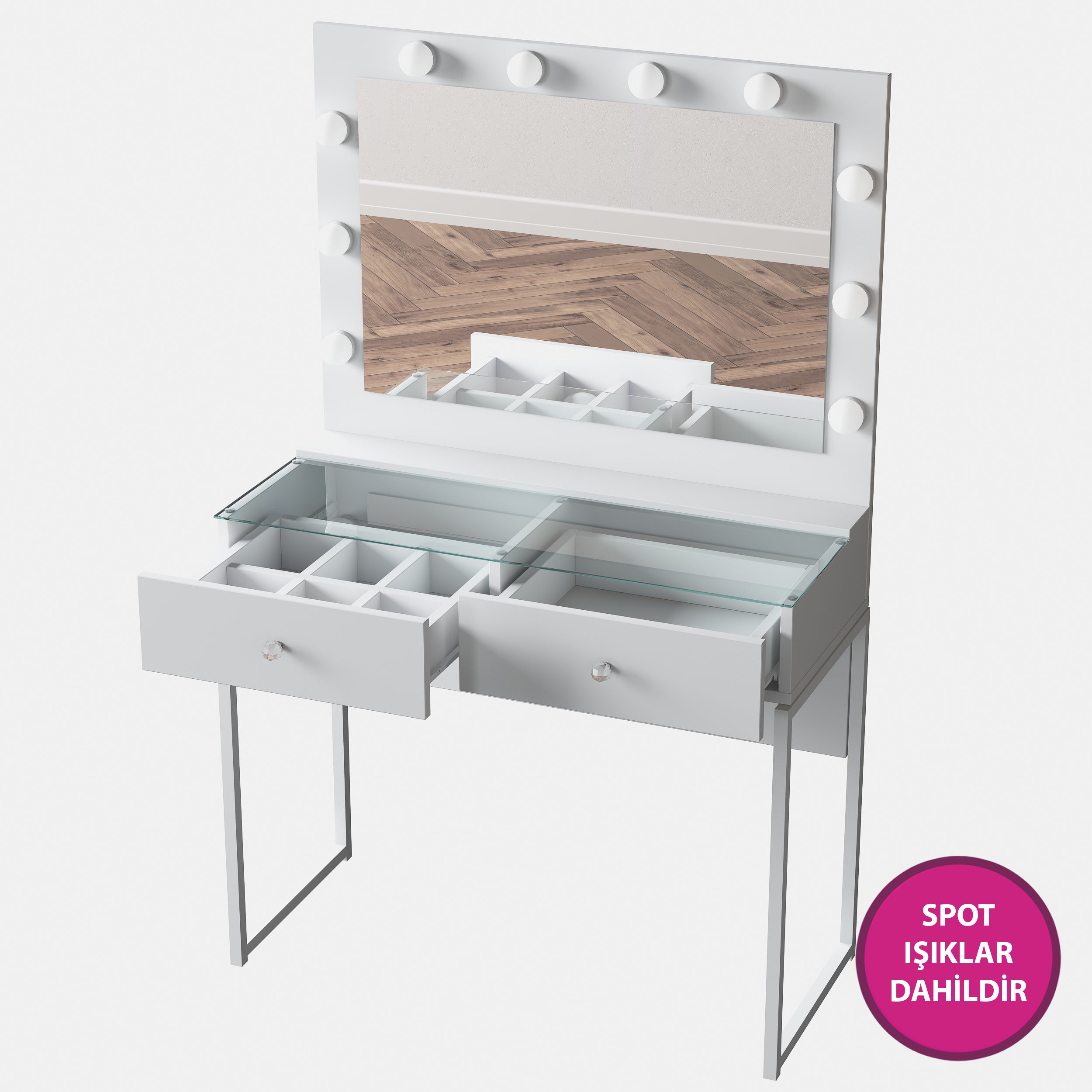 Rani BJ146 Hollywood Işıklı Aynalı Kulis Makyaj Masası Cam Tablalı 2 Çekmeceli Takı Düzenleyici Beyaz