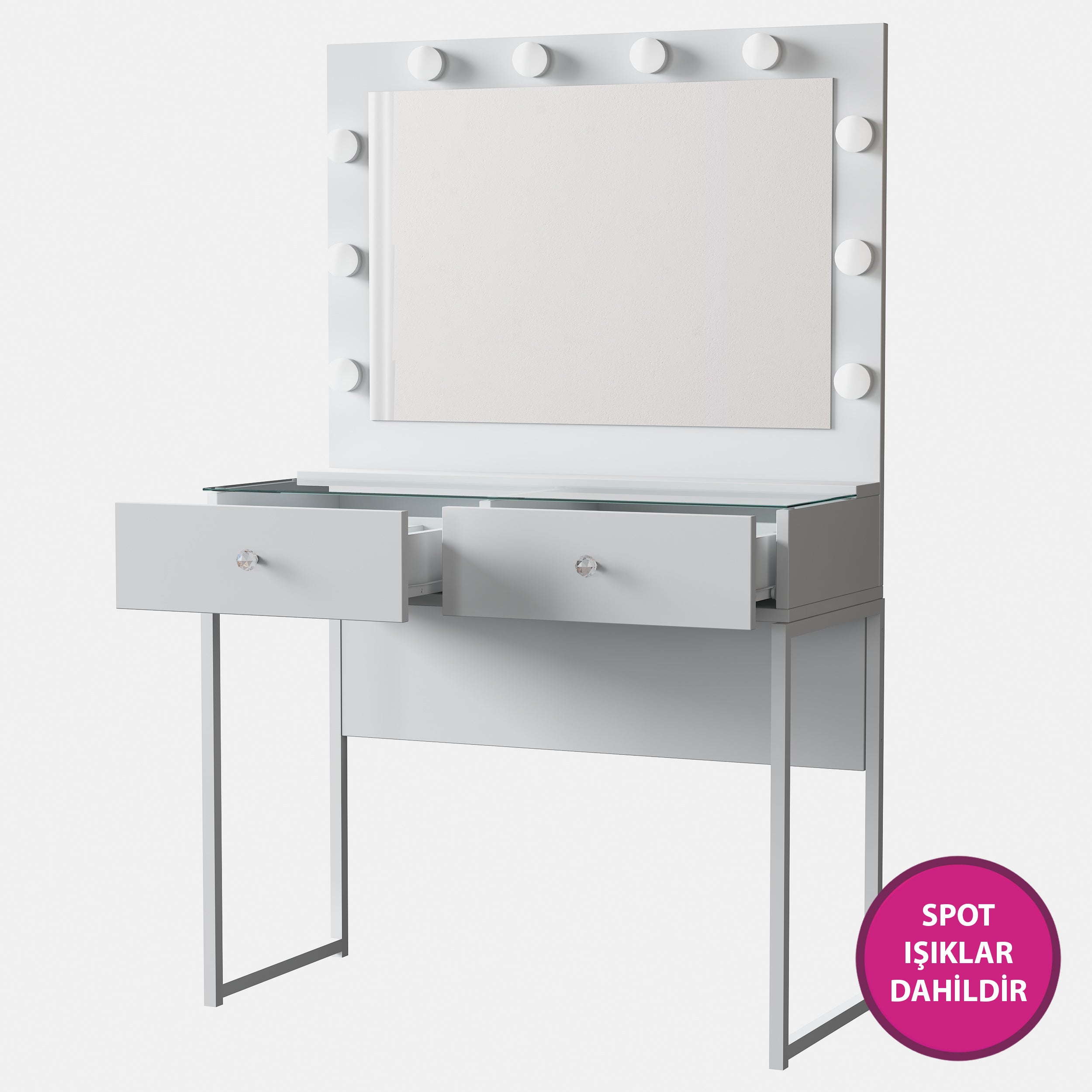 Rani BJ146 Hollywood Işıklı Aynalı Kulis Makyaj Masası Cam Tablalı 2 Çekmeceli Takı Düzenleyici Beyaz