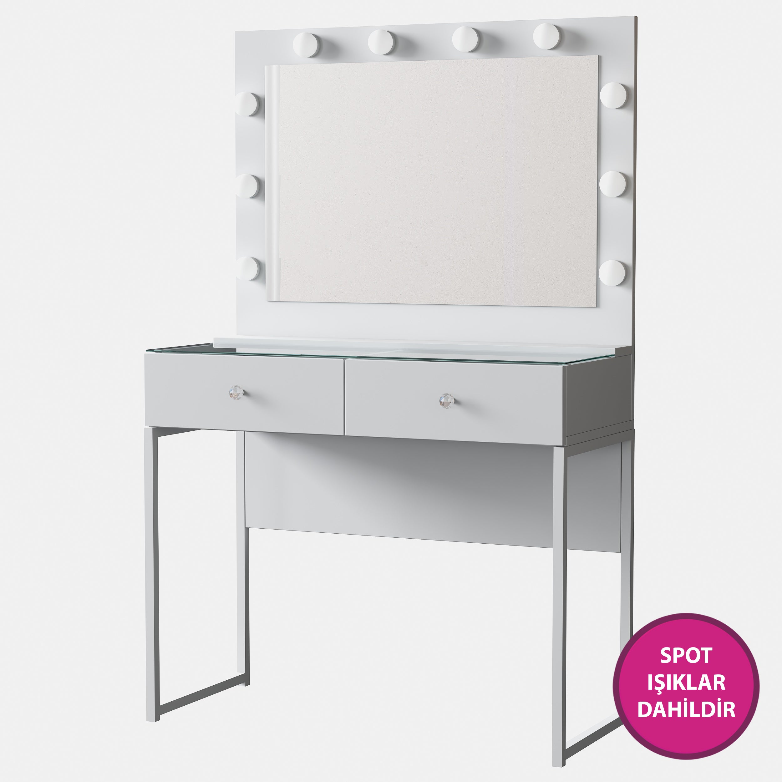 Rani BJ146 Hollywood Işıklı Aynalı Kulis Makyaj Masası Cam Tablalı 2 Çekmeceli Takı Düzenleyici Beyaz