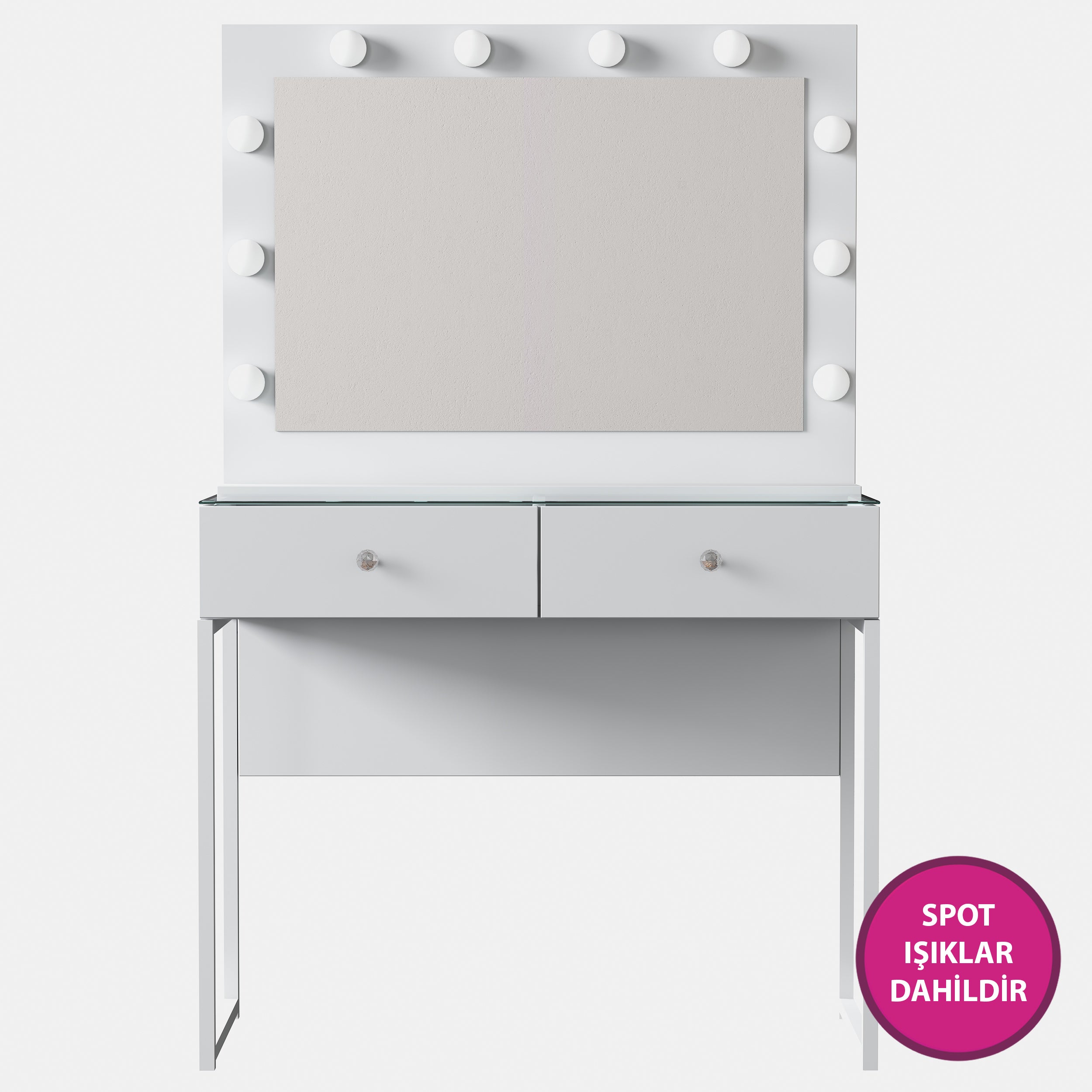 Rani BJ146 Hollywood Işıklı Aynalı Kulis Makyaj Masası Cam Tablalı 2 Çekmeceli Takı Düzenleyici Beyaz