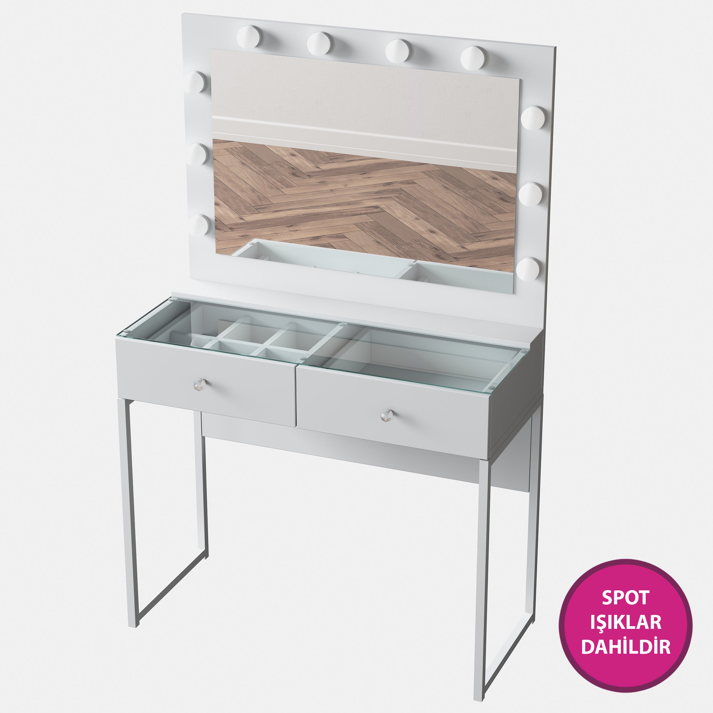 Rani BJ146 Hollywood Işıklı Aynalı Kulis Makyaj Masası Cam Tablalı 2 Çekmeceli Takı Düzenleyici Beyaz