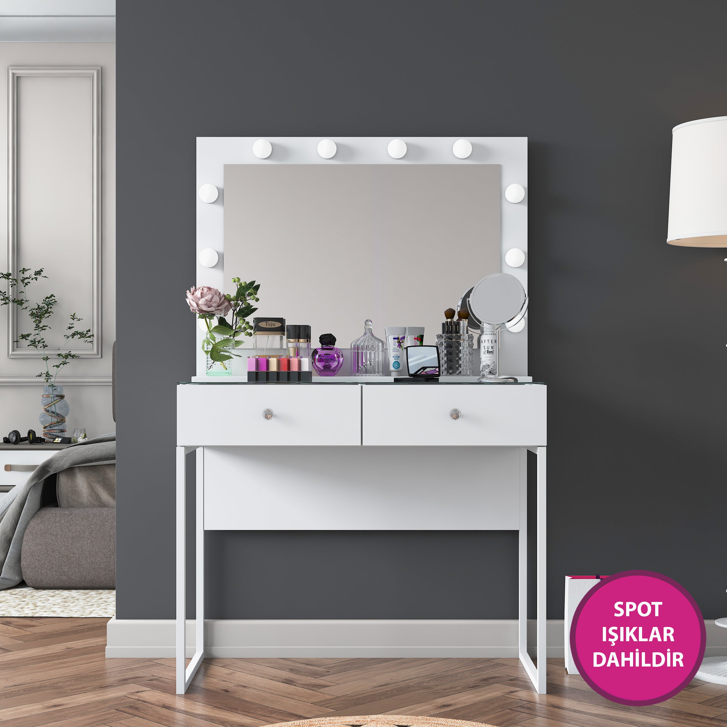 Rani BJ146 Hollywood Işıklı Aynalı Kulis Makyaj Masası Cam Tablalı 2 Çekmeceli Takı Düzenleyici Beyaz