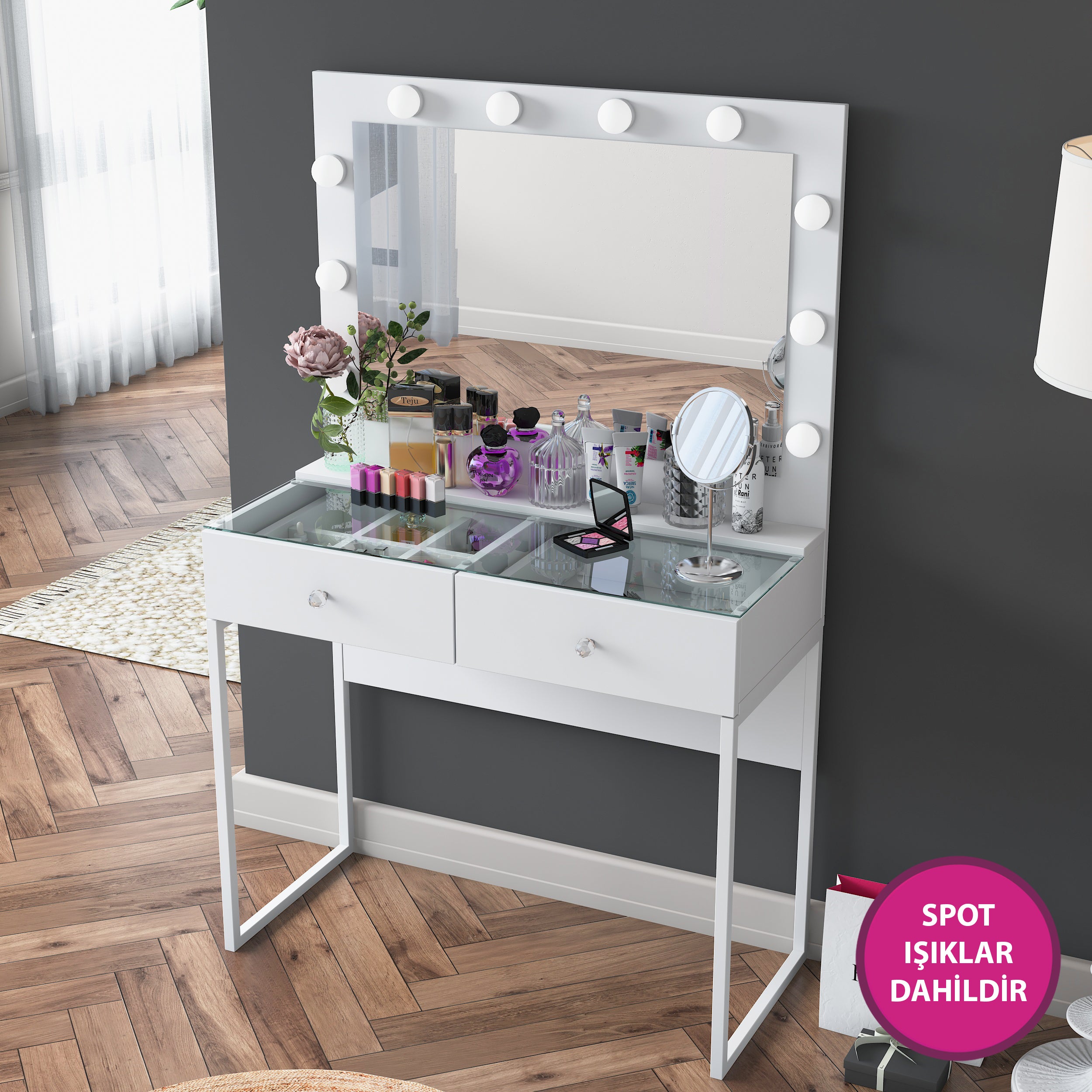 Rani BJ146 Hollywood Işıklı Aynalı Kulis Makyaj Masası Cam Tablalı 2 Çekmeceli Takı Düzenleyici Beyaz