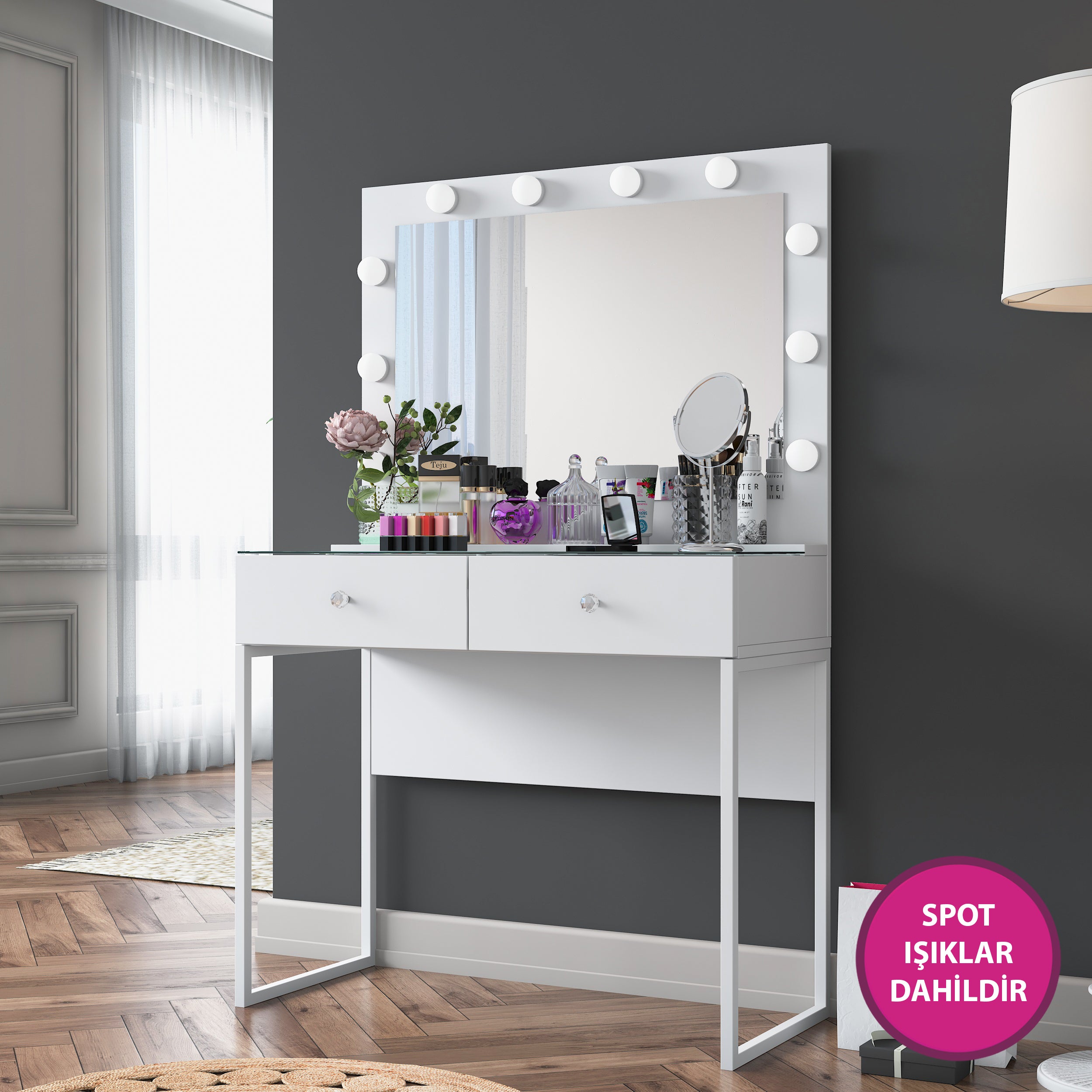 Rani BJ146 Hollywood Işıklı Aynalı Kulis Makyaj Masası Cam Tablalı 2 Çekmeceli Takı Düzenleyici Beyaz