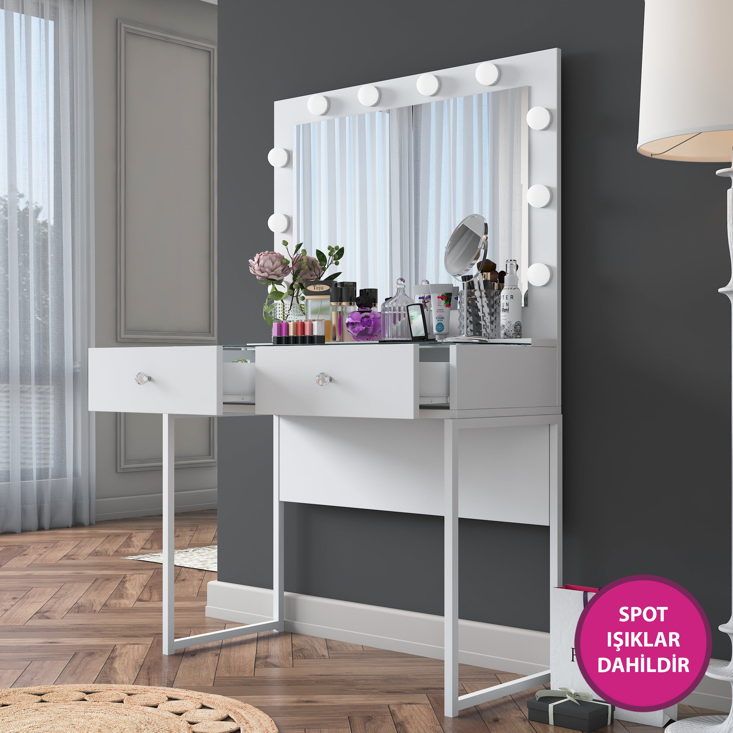 Rani BJ146 Hollywood Işıklı Aynalı Kulis Makyaj Masası Cam Tablalı 2 Çekmeceli Takı Düzenleyici Beyaz