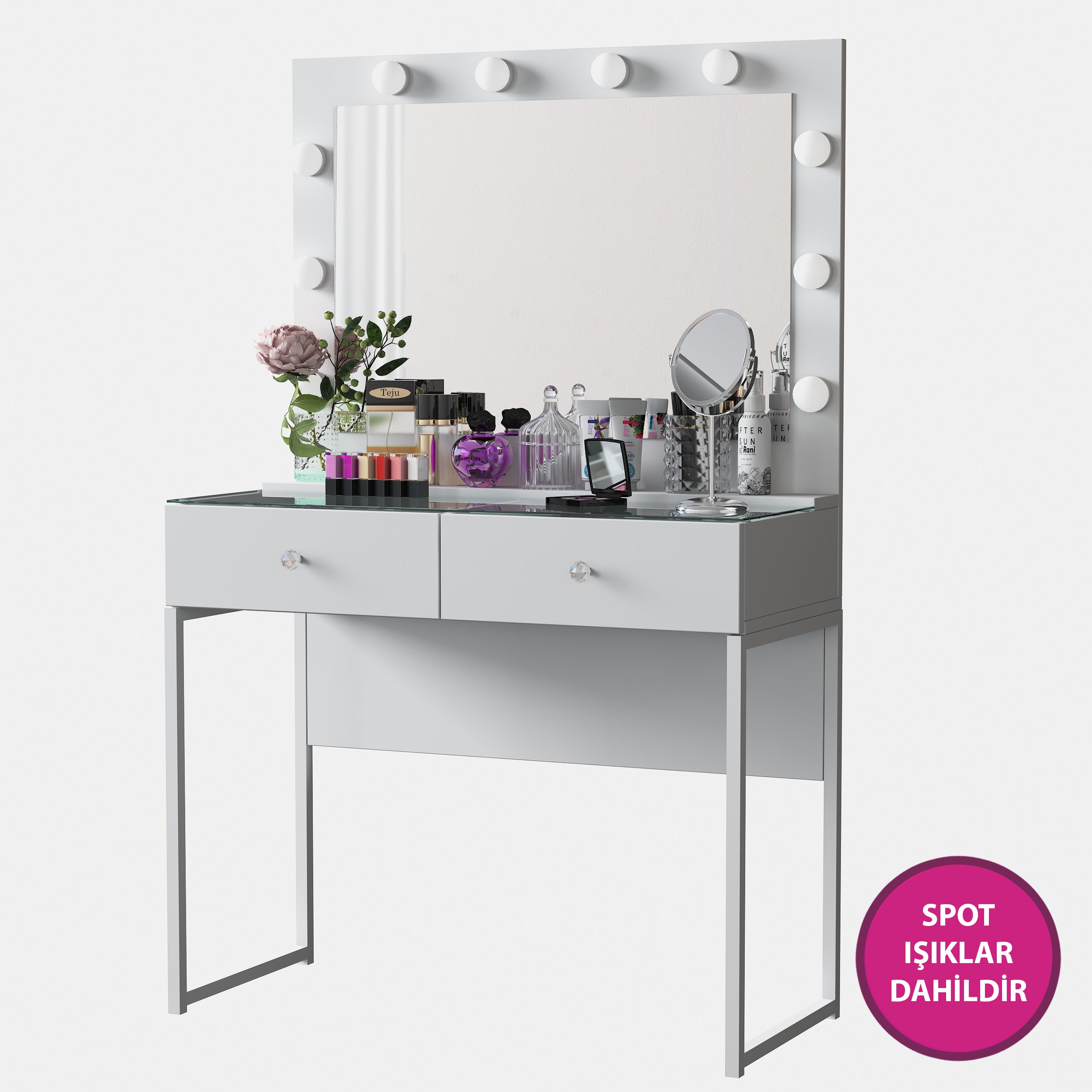 Rani BJ146 Hollywood Işıklı Aynalı Kulis Makyaj Masası Cam Tablalı 2 Çekmeceli Takı Düzenleyici Beyaz