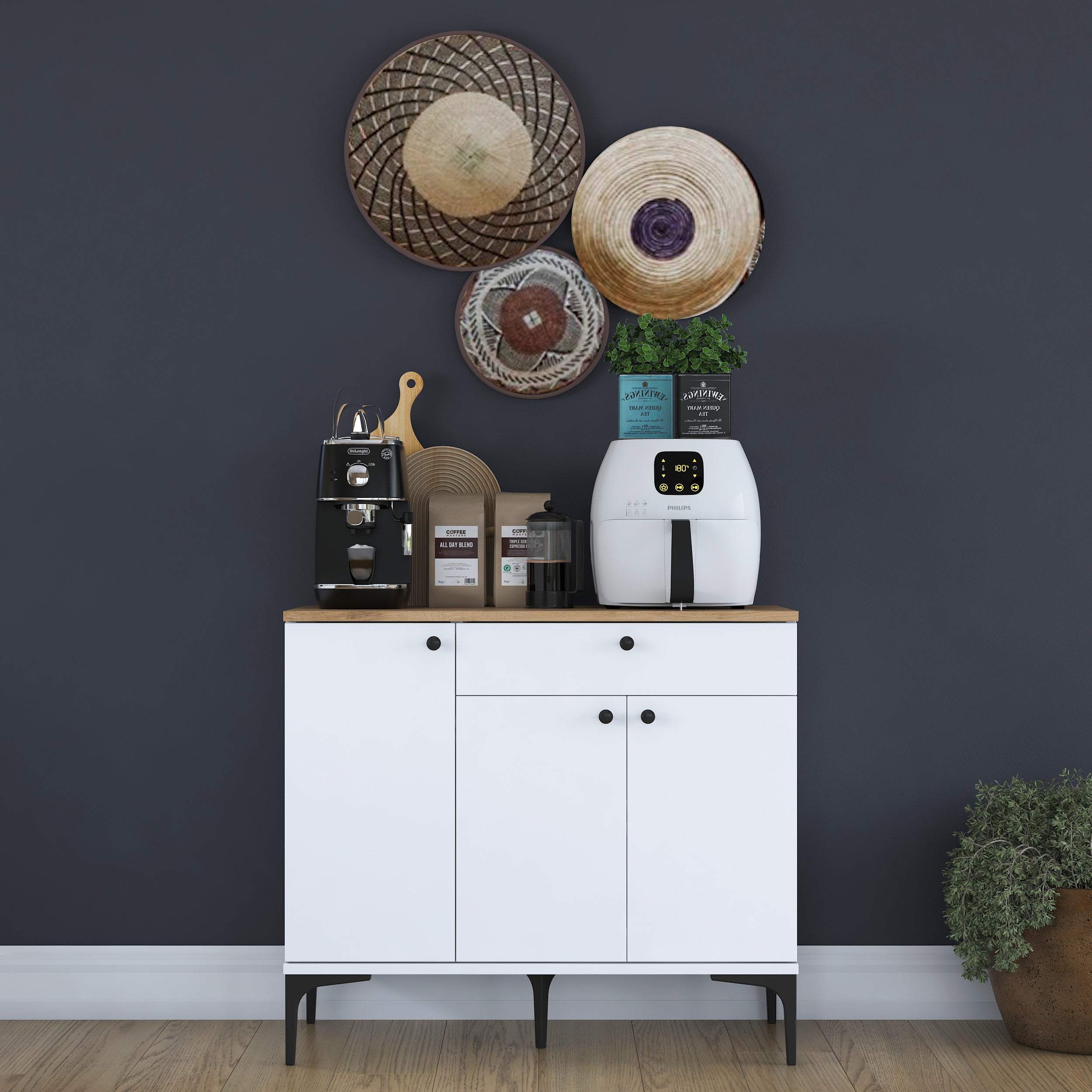 悟ページ Rani JE194 Kahve Köşesi Çok Amaçlı Dolap 3 Kapaklı 1 Çekmeceli Kiler M