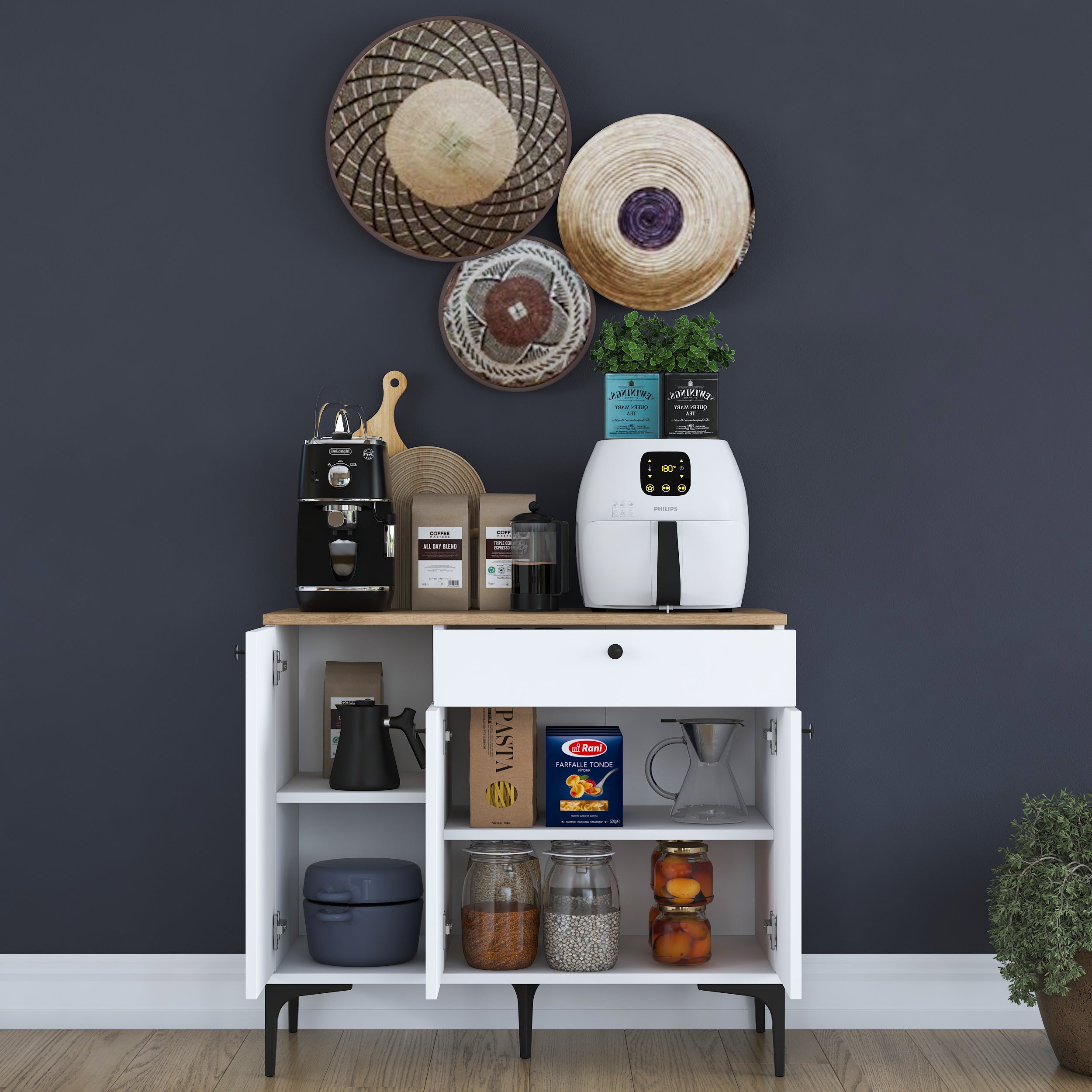 Rani JE194 Kahve Köşesi Çok Amaçlı Dolap 3 Kapaklı 1 Çekmeceli Kiler M