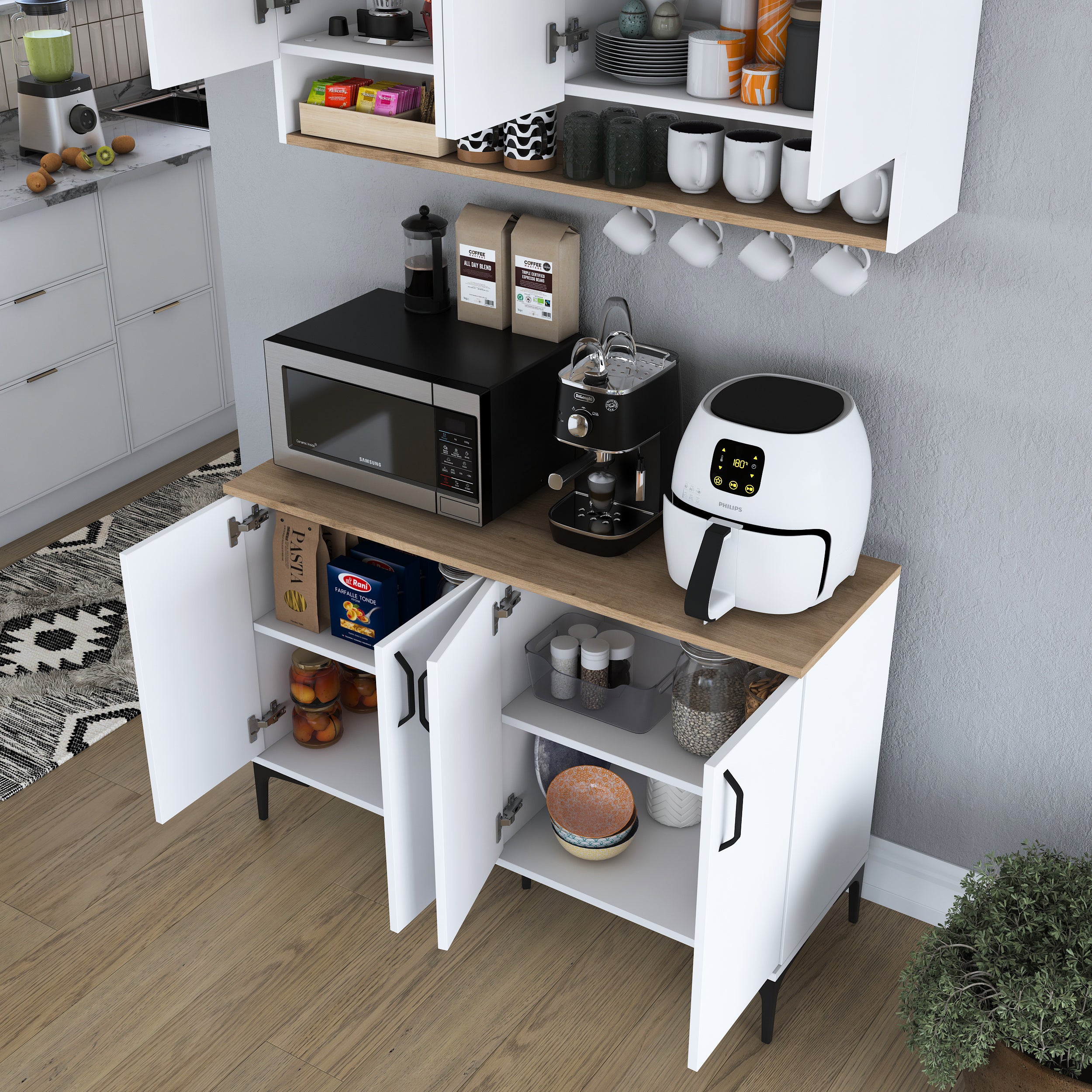 mi-me＊ページ Rani JE204 Kahve Köşesi Çok Amaçlı Dolap 8 Kapaklı Mutfak Dolabı Beyaz