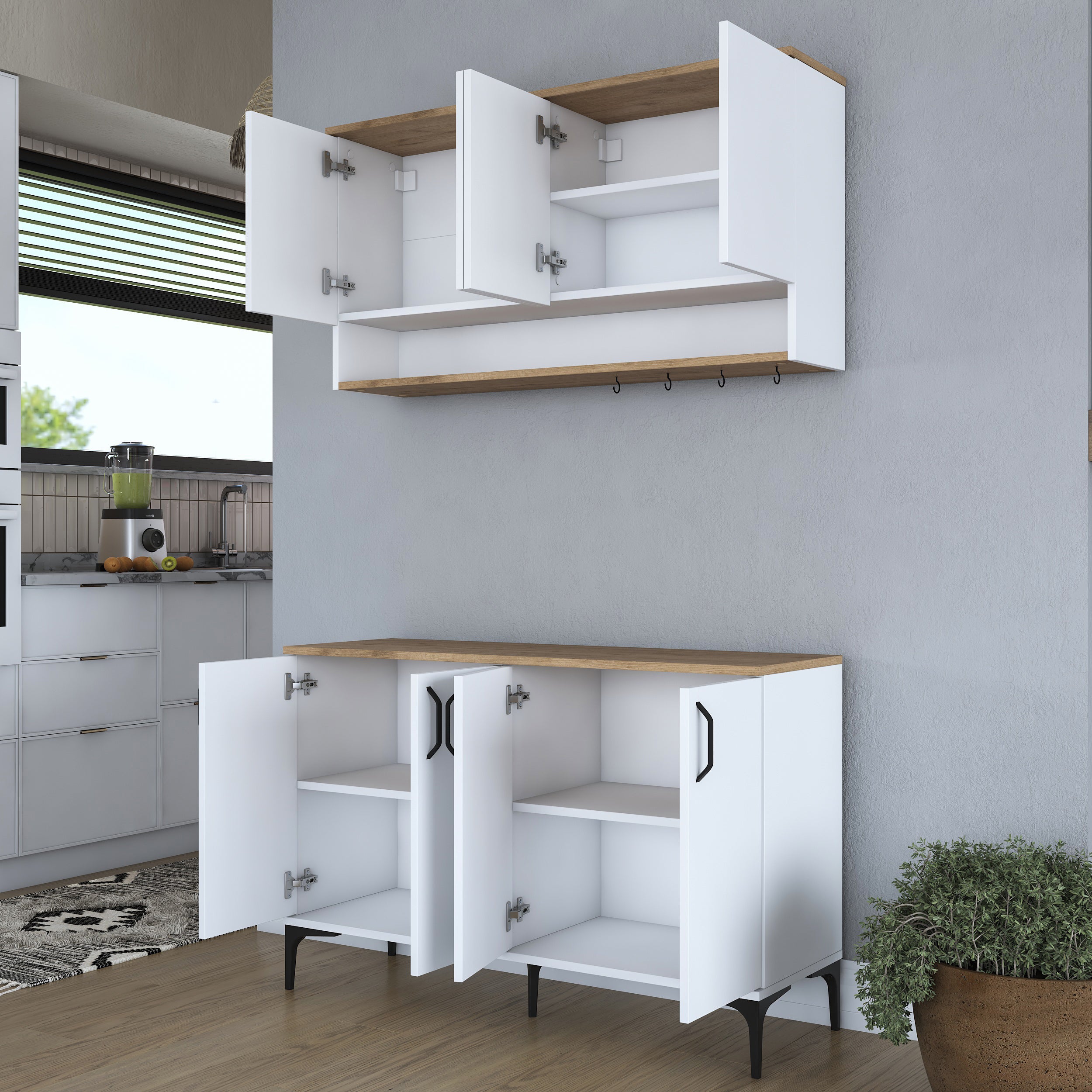 Rani JE204 Kahve Köşesi Çok Amaçlı Dolap 8 Kapaklı Mutfak Dolabı Beyaz