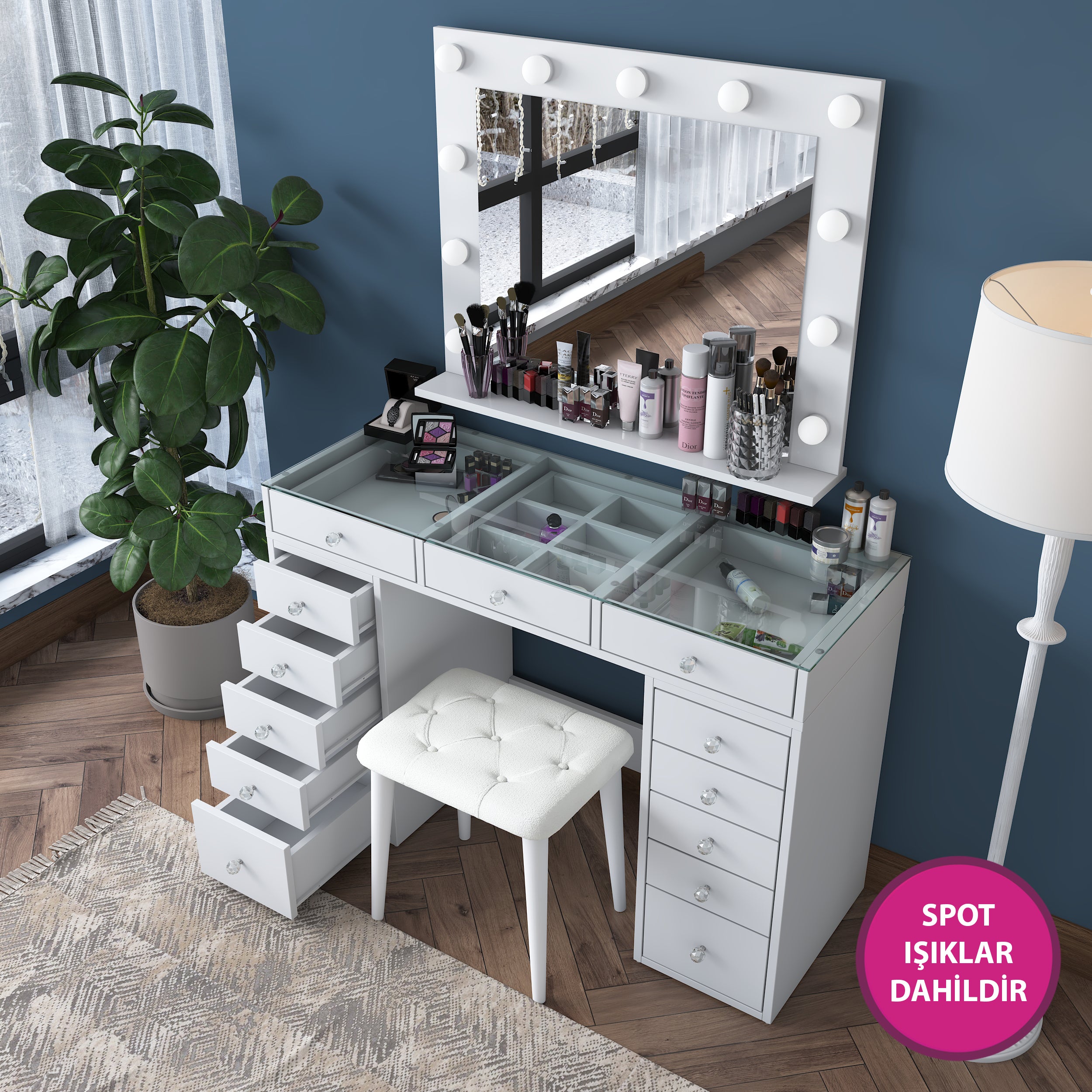 Rani BJ156 Hollywood Işıklı Aynalı Kulis Makyaj Masası Cam Tablalı 13 Çekmeceli Takı Düzenleyici Puf Takım Beyaz