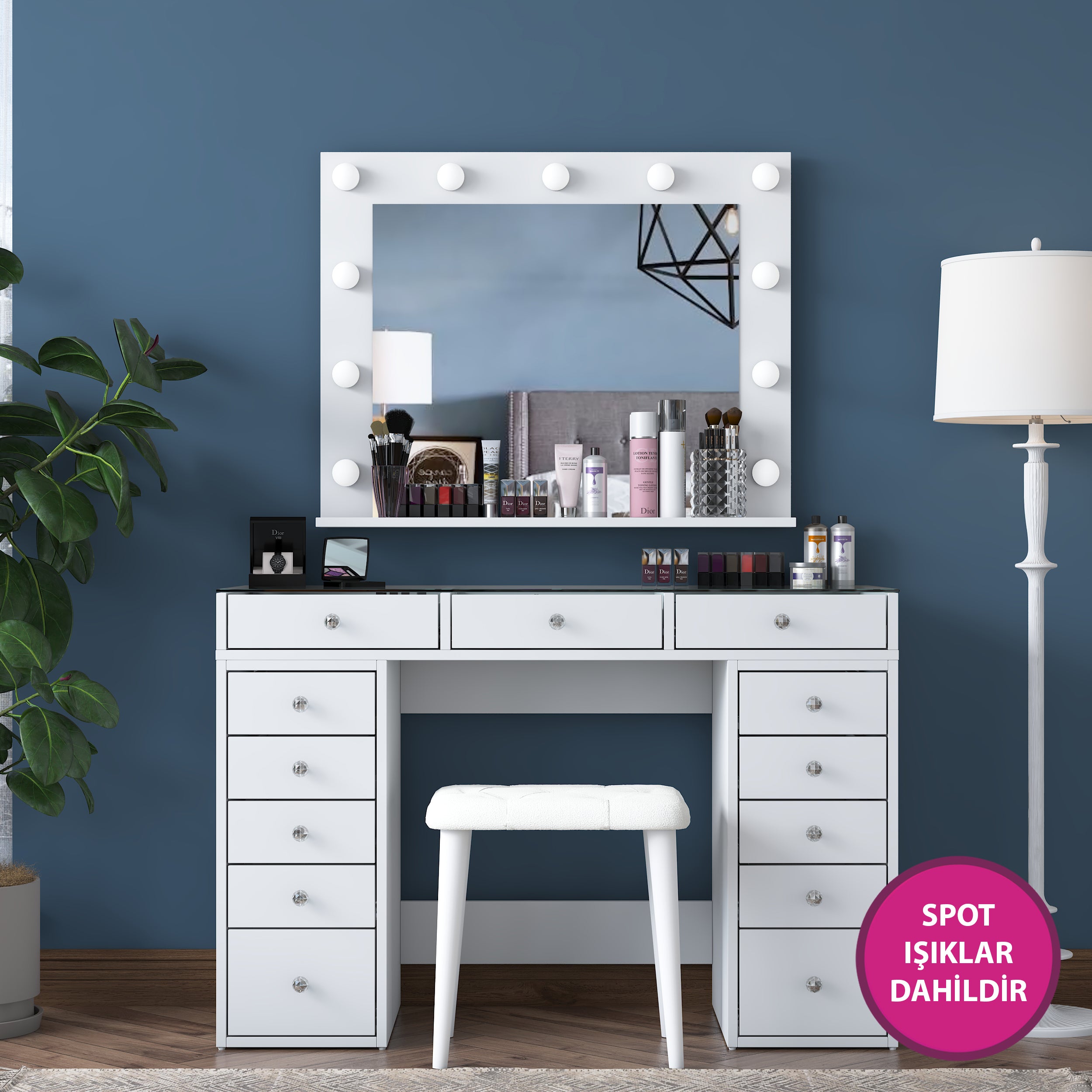 Rani BJ156 Hollywood Işıklı Aynalı Kulis Makyaj Masası Cam Tablalı 13 Çekmeceli Takı Düzenleyici Puf Takım Beyaz