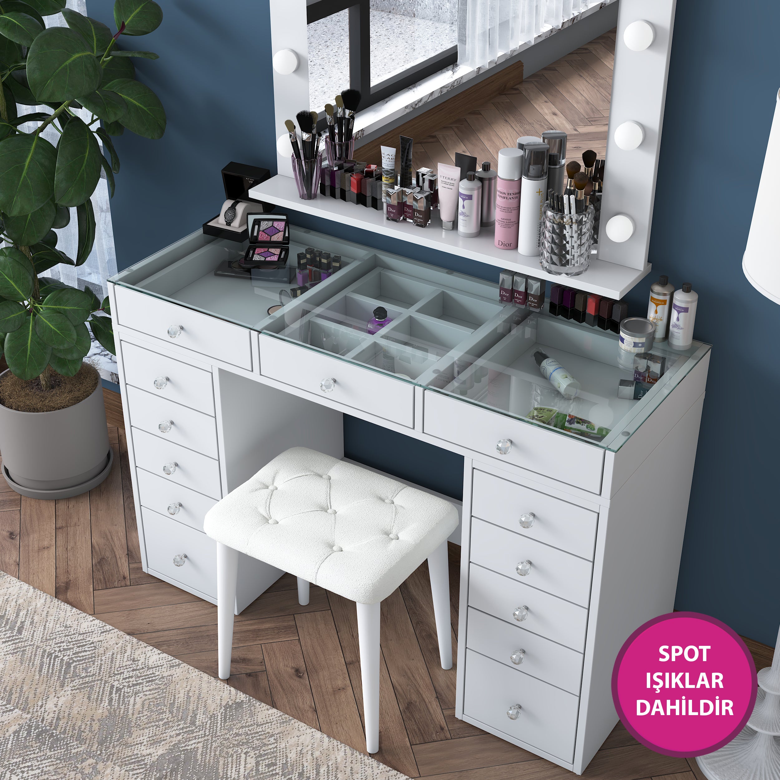 Rani BJ156 Hollywood Işıklı Aynalı Kulis Makyaj Masası Cam Tablalı 13 Çekmeceli Takı Düzenleyici Puf Takım Beyaz
