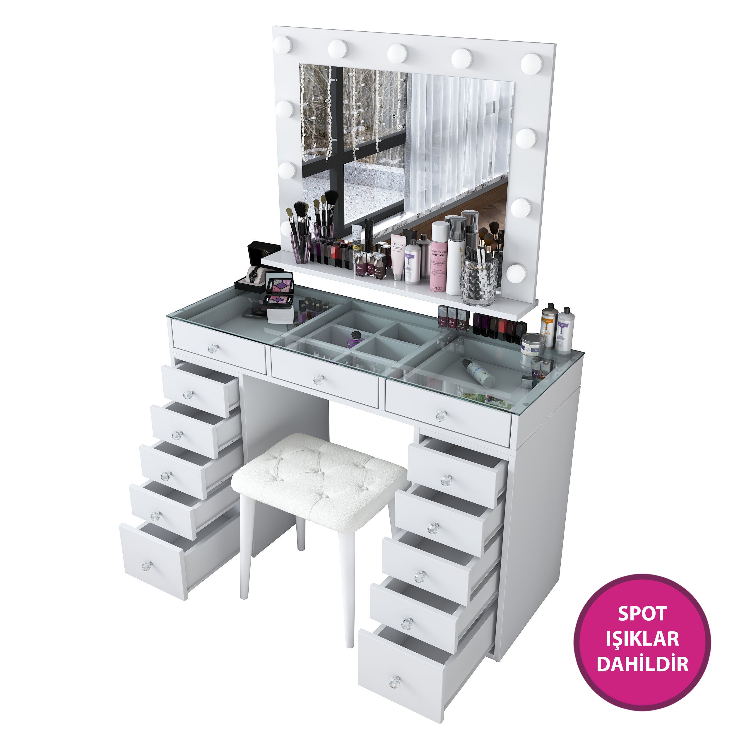 Rani BJ156 Hollywood Işıklı Aynalı Kulis Makyaj Masası Cam Tablalı 13 Çekmeceli Takı Düzenleyici Puf Takım Beyaz
