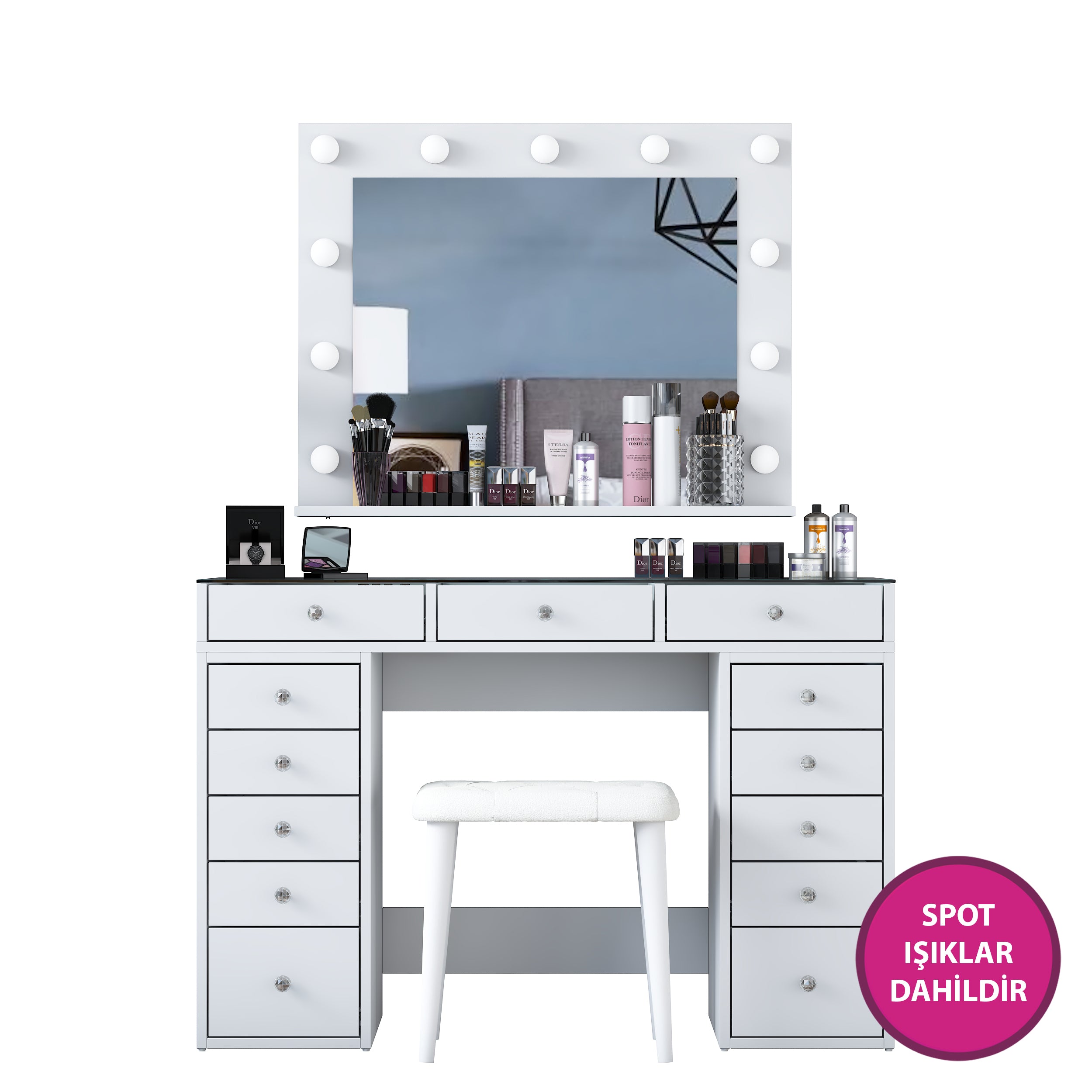 Rani BJ156 Hollywood Işıklı Aynalı Kulis Makyaj Masası Cam Tablalı 13 Çekmeceli Takı Düzenleyici Puf Takım Beyaz