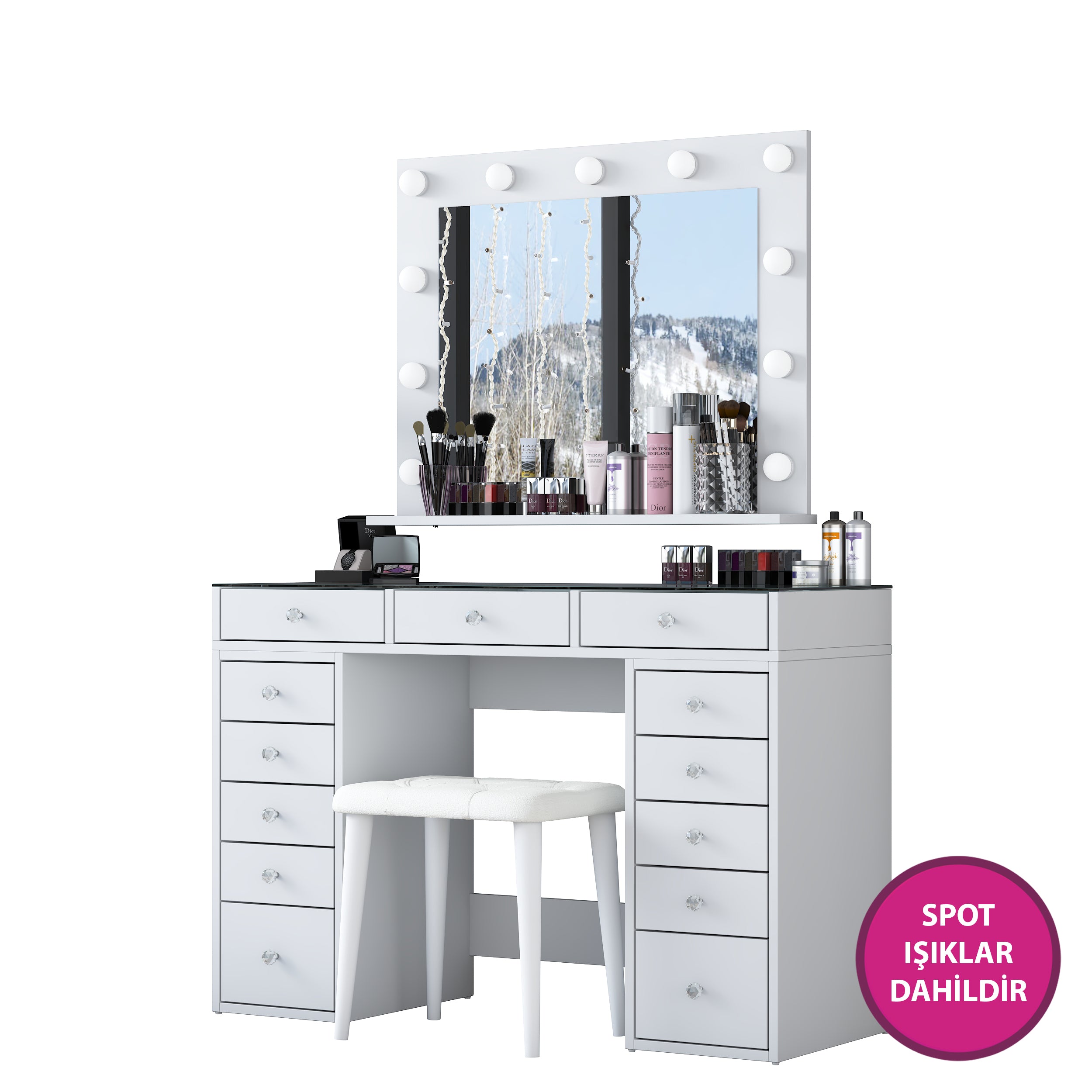 Rani BJ156 Hollywood Işıklı Aynalı Kulis Makyaj Masası Cam Tablalı 13 Çekmeceli Takı Düzenleyici Puf Takım Beyaz