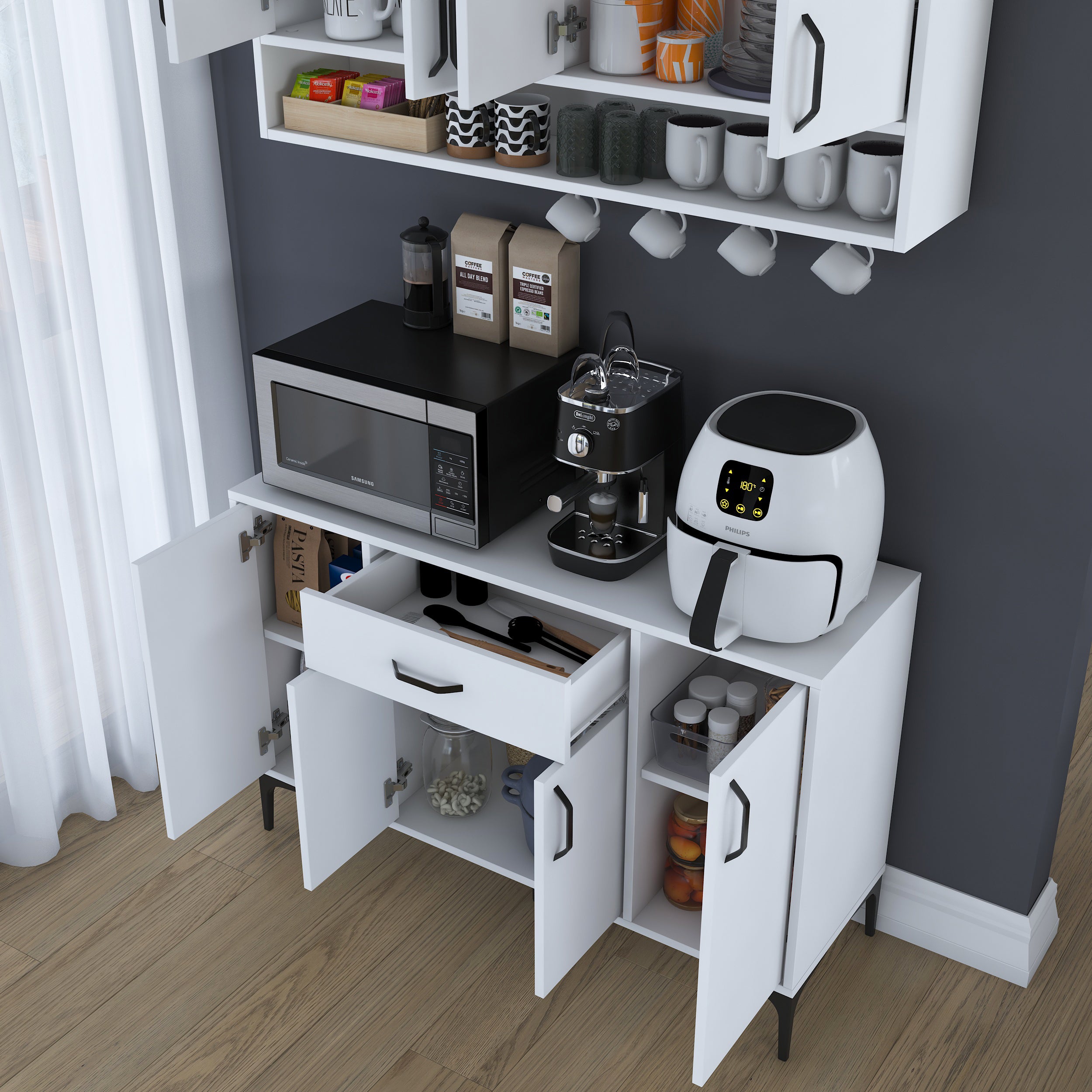 Rani JE205 Kahve Köşesi Çok Amaçlı Dolap 8 Kapaklı 1 Çekmeceli Mutfak