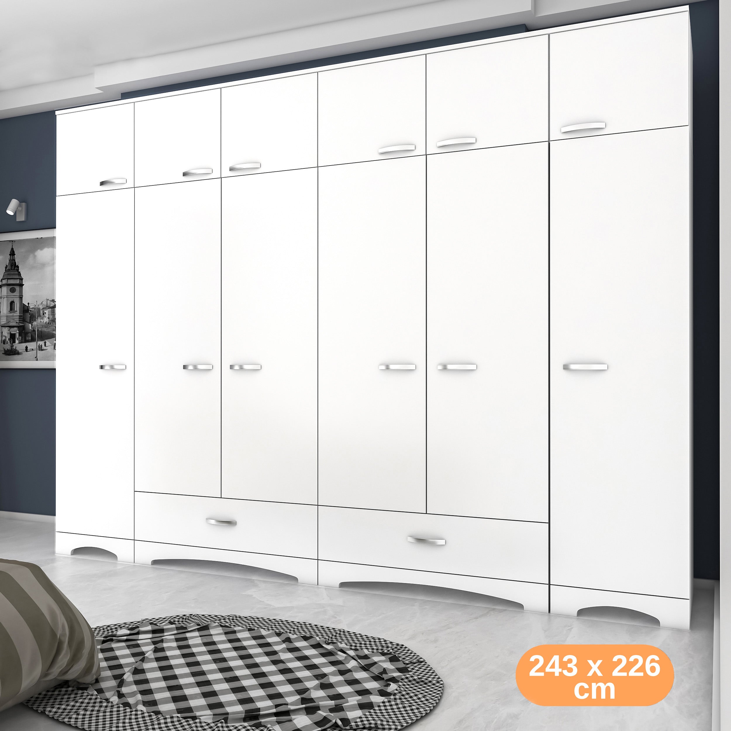 Rani BA133 Geniş Gardırop Elbise Dolabı 12 Kapaklı 2 Çekmeceli 16 Raflı 2 Askılı Beyaz