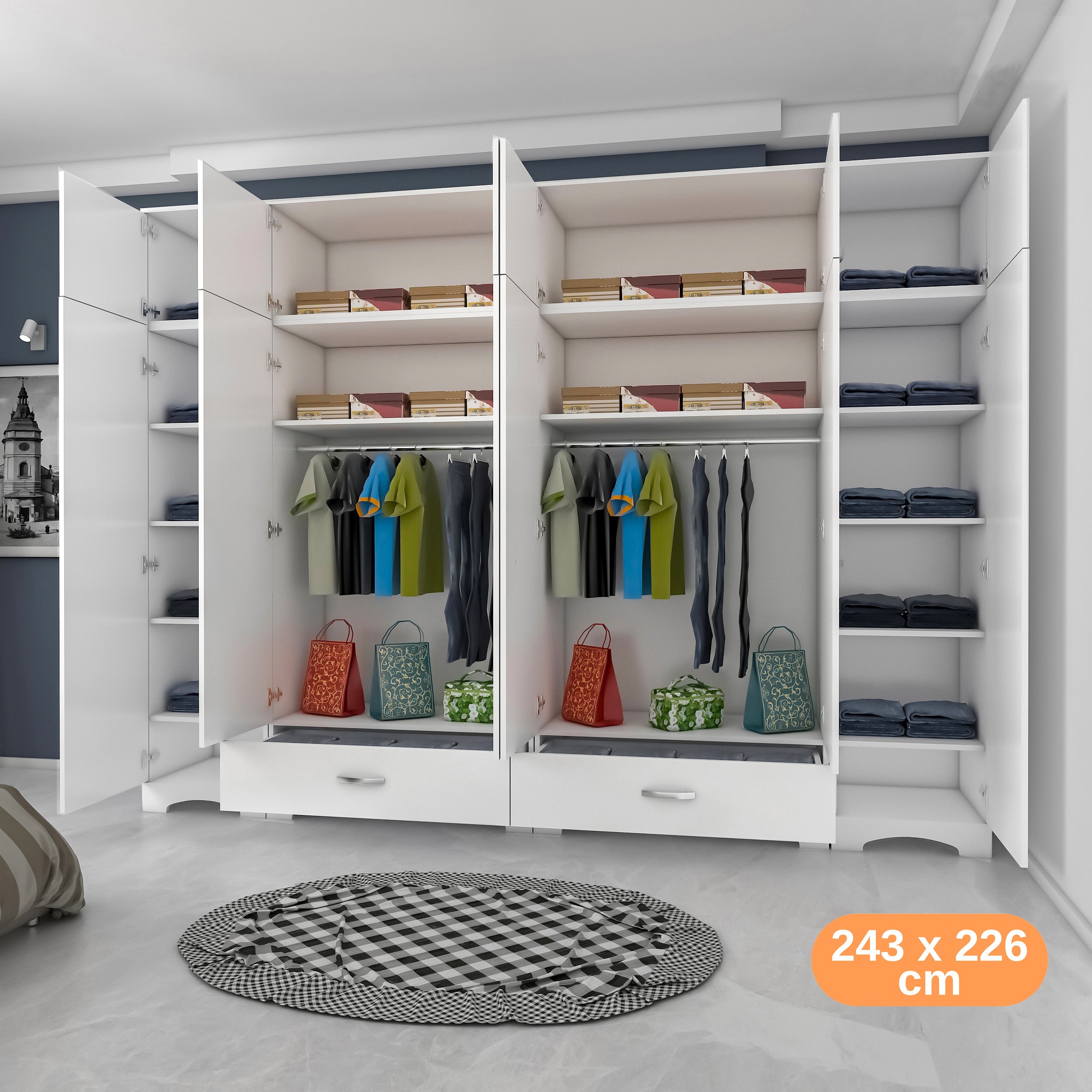 Rani BA133 Geniş Gardırop Elbise Dolabı 12 Kapaklı 2 Çekmeceli 16 Raflı 2 Askılı Beyaz