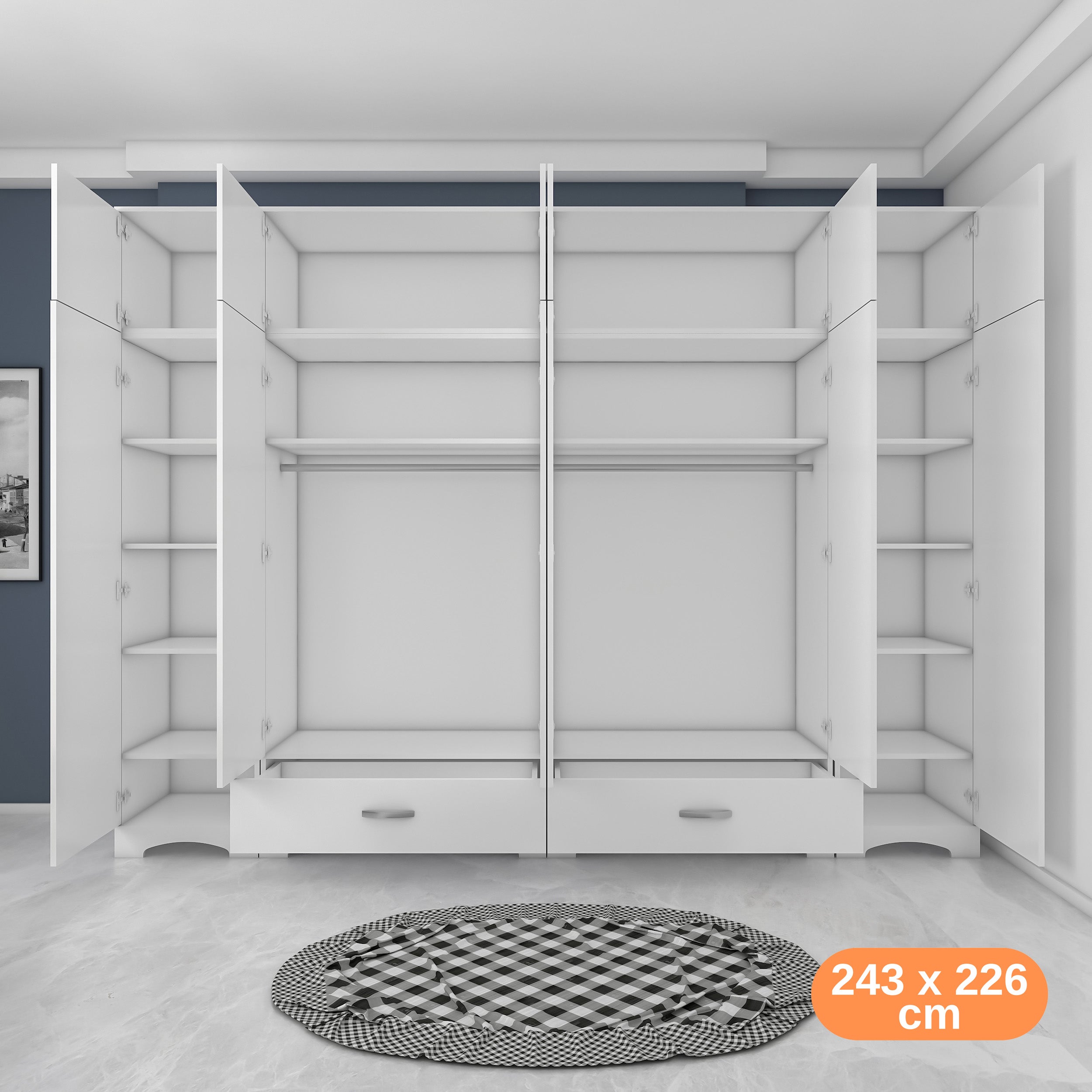 Rani BA133 Geniş Gardırop Elbise Dolabı 12 Kapaklı 2 Çekmeceli 16 Raflı 2 Askılı Beyaz