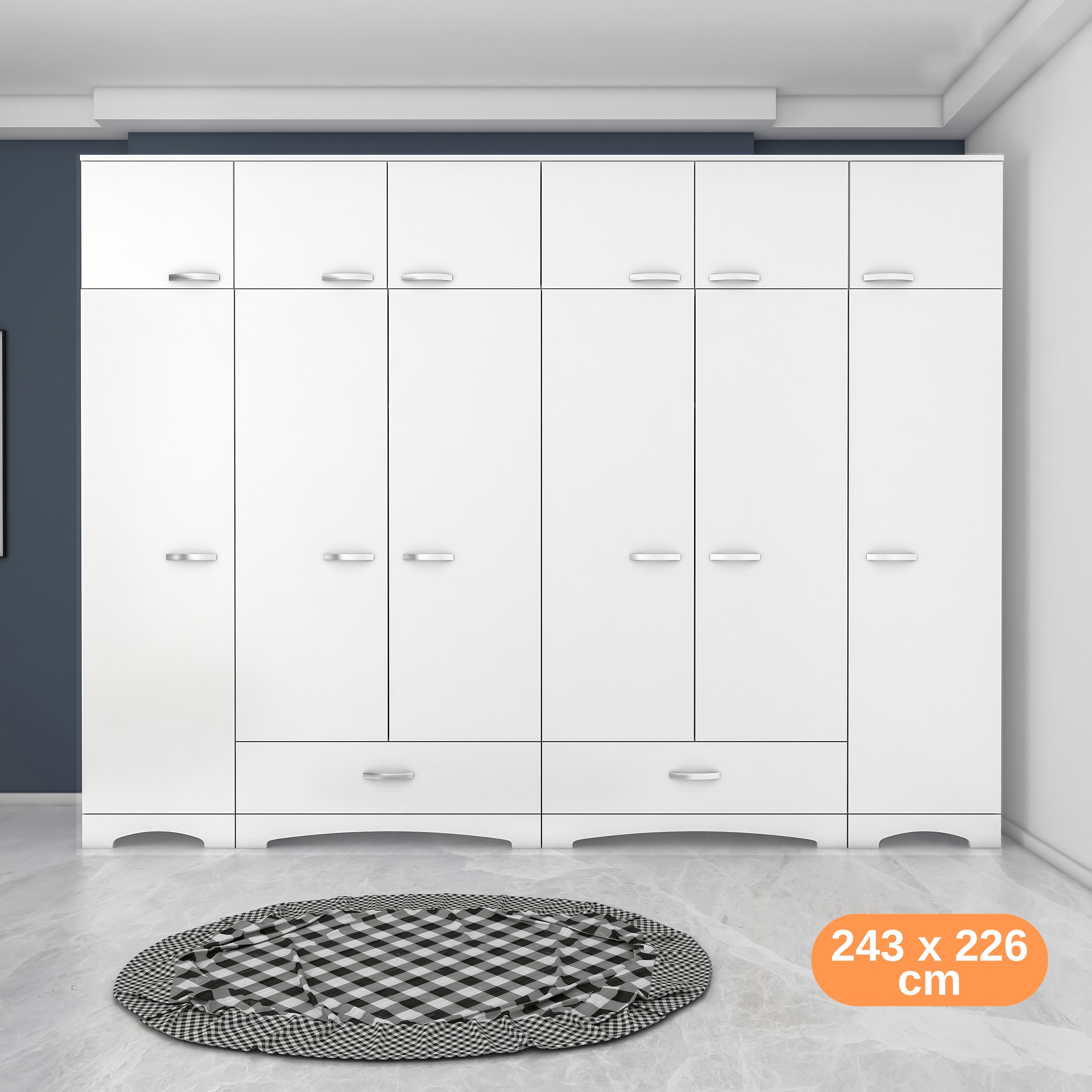 Rani BA133 Geniş Gardırop Elbise Dolabı 12 Kapaklı 2 Çekmeceli 16 Raflı 2 Askılı Beyaz