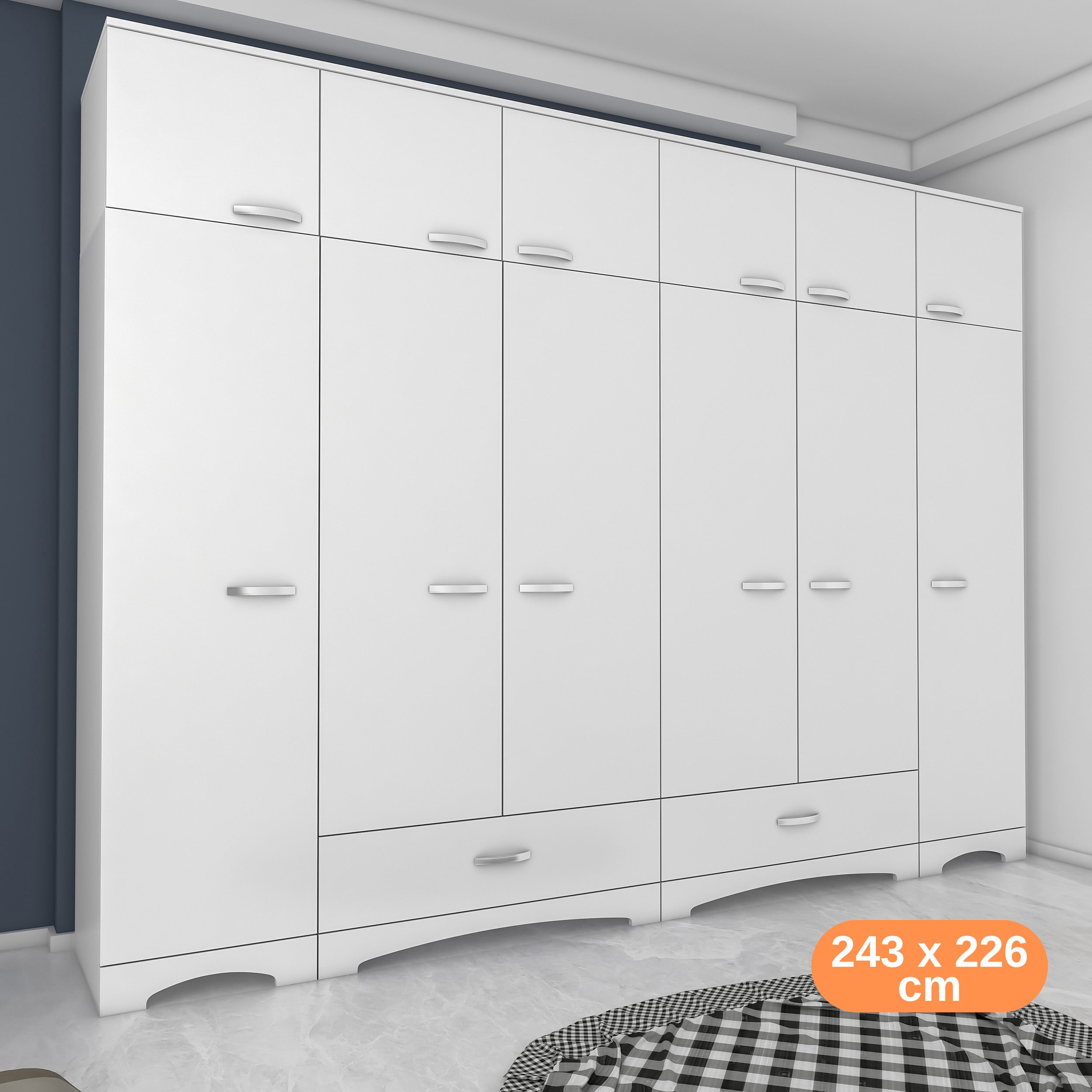 Rani BA133 Geniş Gardırop Elbise Dolabı 12 Kapaklı 2 Çekmeceli 16 Raflı 2 Askılı Beyaz