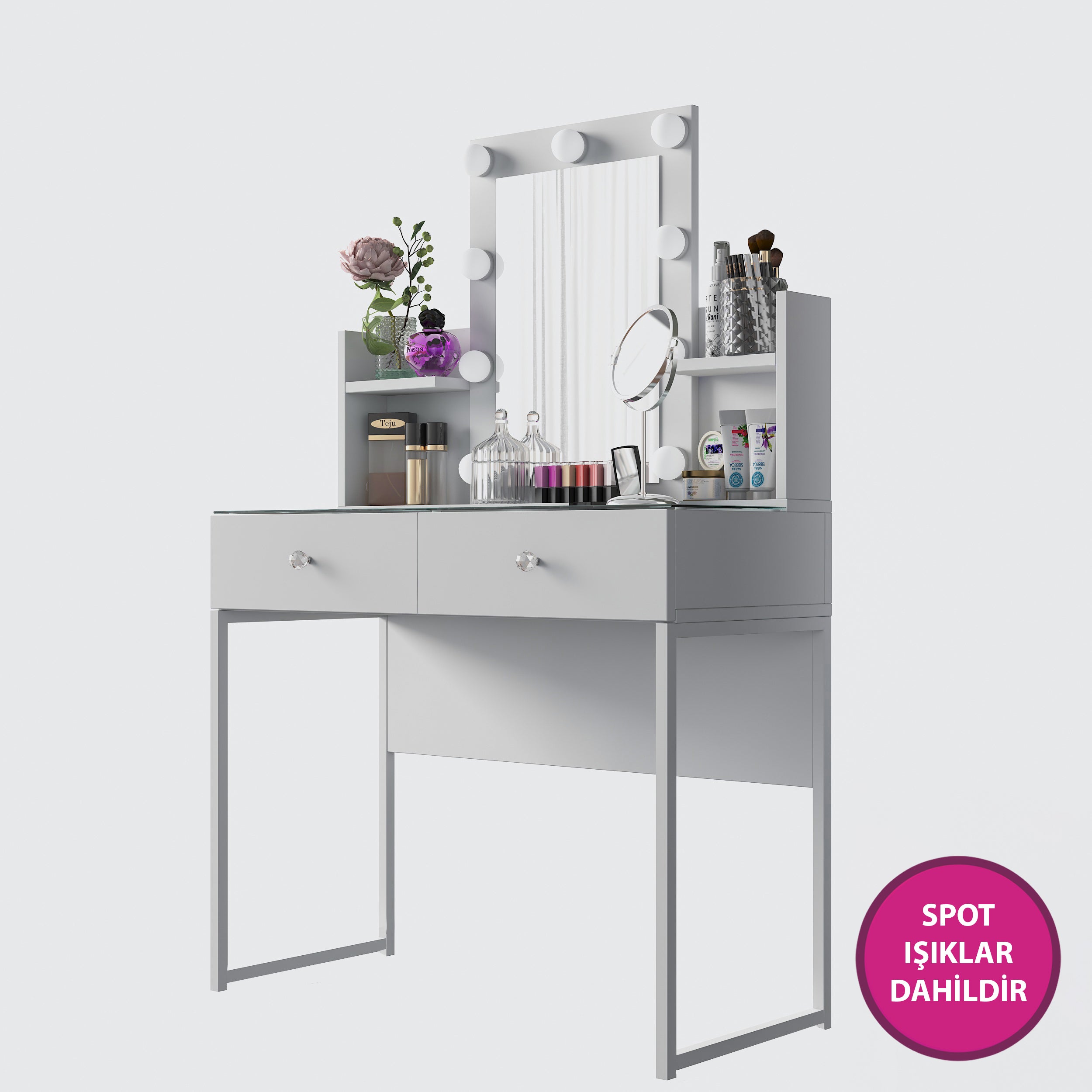 Rani BJ145 Hollywood Işıklı Aynalı Kulis Makyaj Masası Cam Tablalı 2 Çekmeceli Takı Düzenleyici Beyaz