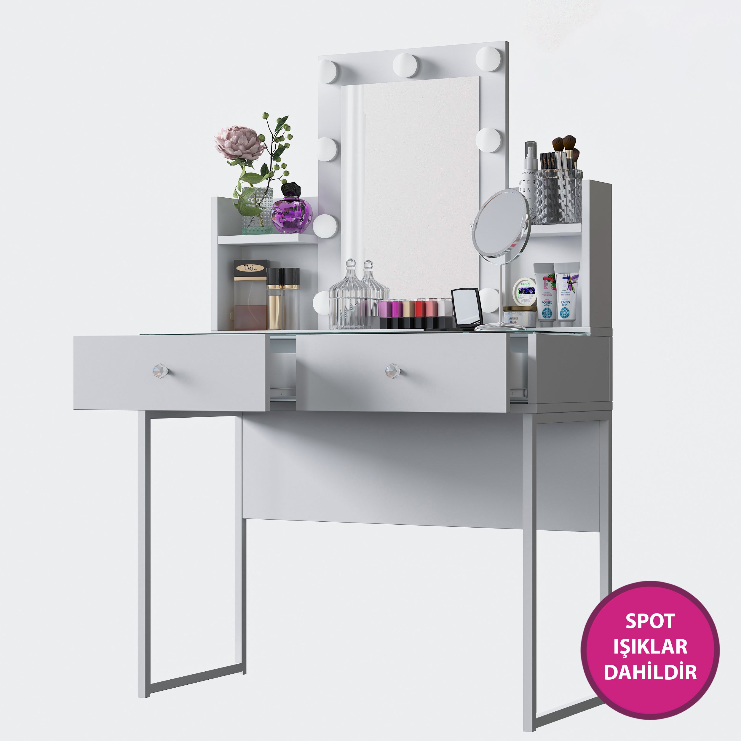 Rani BJ145 Hollywood Işıklı Aynalı Kulis Makyaj Masası Cam Tablalı 2 Çekmeceli Takı Düzenleyici Beyaz