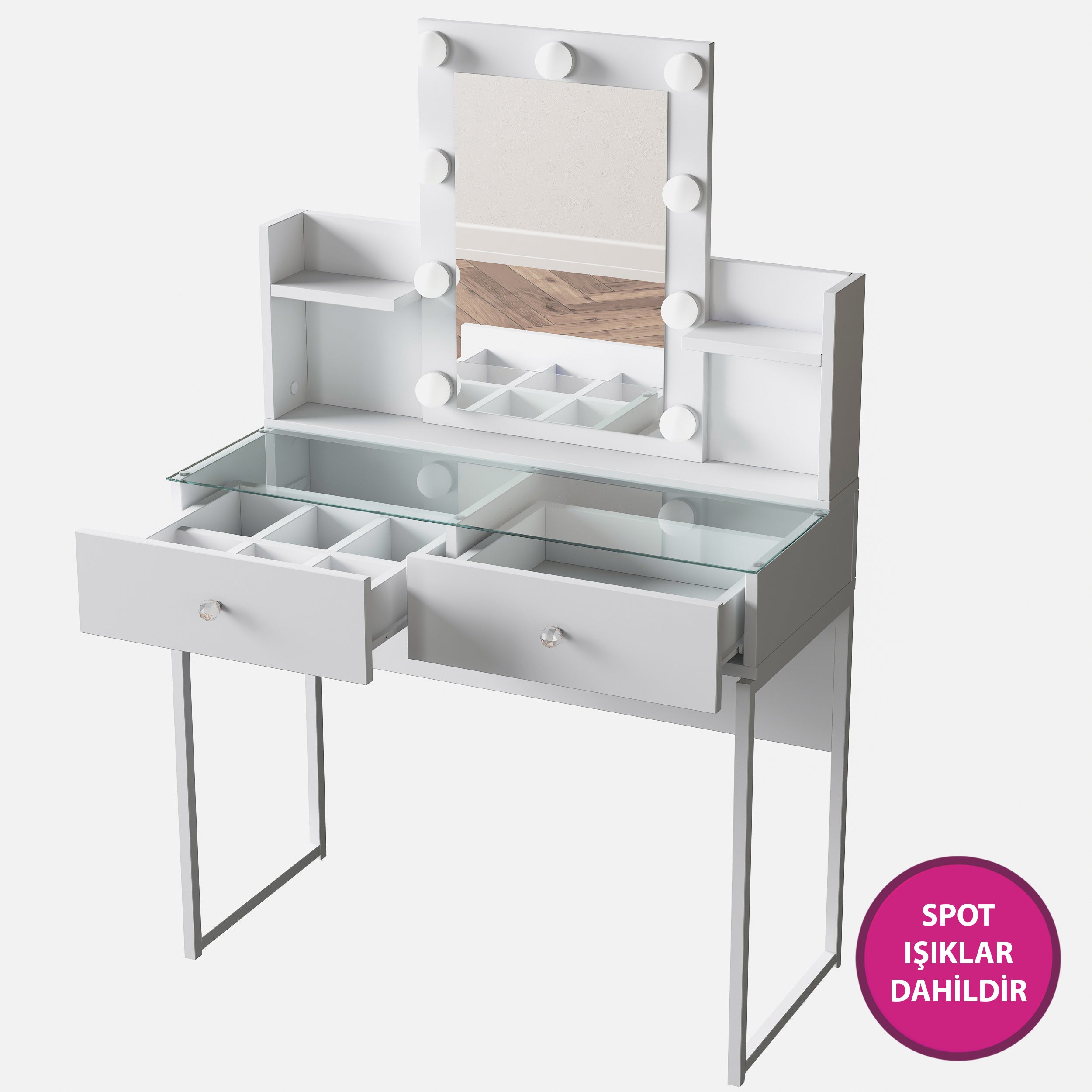 Rani BJ145 Hollywood Işıklı Aynalı Kulis Makyaj Masası Cam Tablalı 2 Çekmeceli Takı Düzenleyici Beyaz