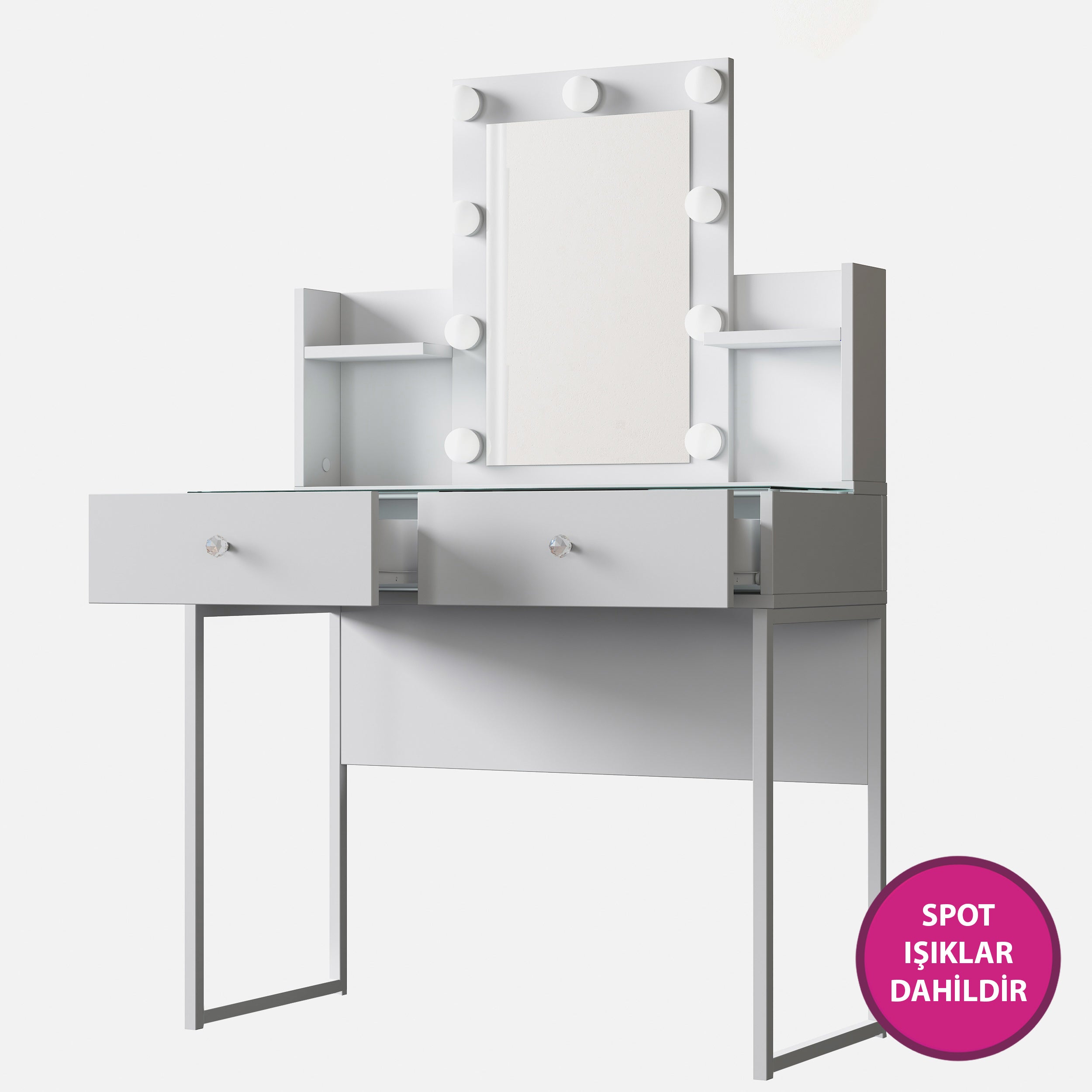 Rani BJ145 Hollywood Işıklı Aynalı Kulis Makyaj Masası Cam Tablalı 2 Çekmeceli Takı Düzenleyici Beyaz