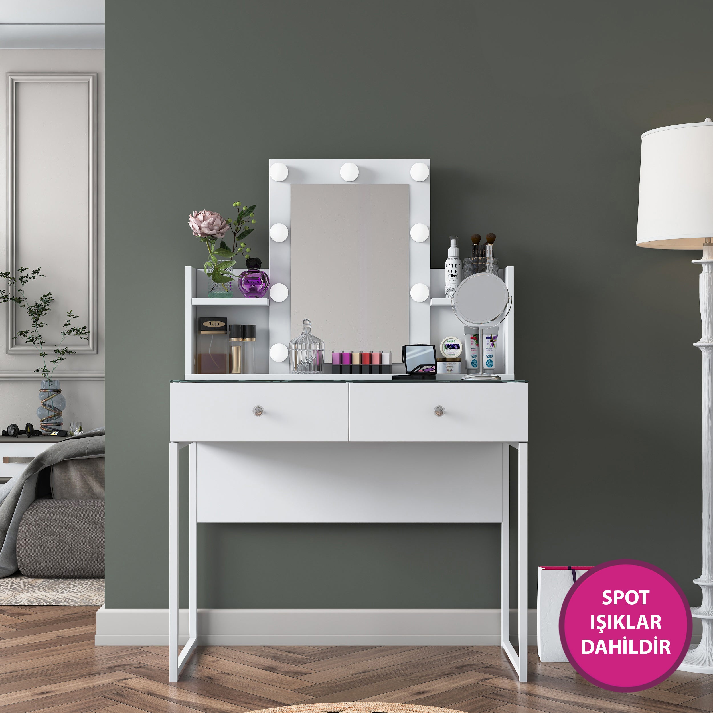 Rani BJ145 Hollywood Işıklı Aynalı Kulis Makyaj Masası Cam Tablalı 2 Çekmeceli Takı Düzenleyici Beyaz