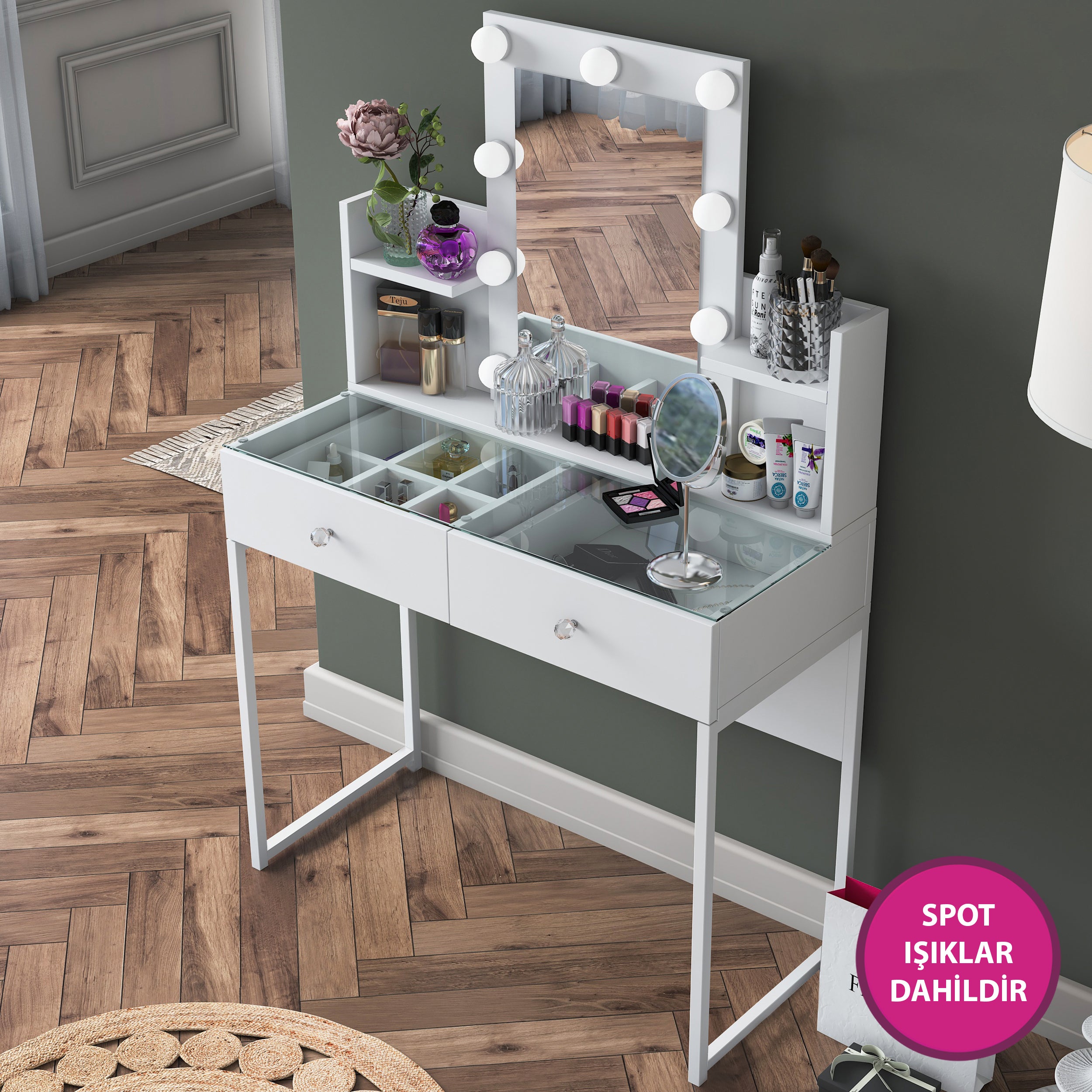 Rani BJ145 Hollywood Işıklı Aynalı Kulis Makyaj Masası Cam Tablalı 2 Çekmeceli Takı Düzenleyici Beyaz