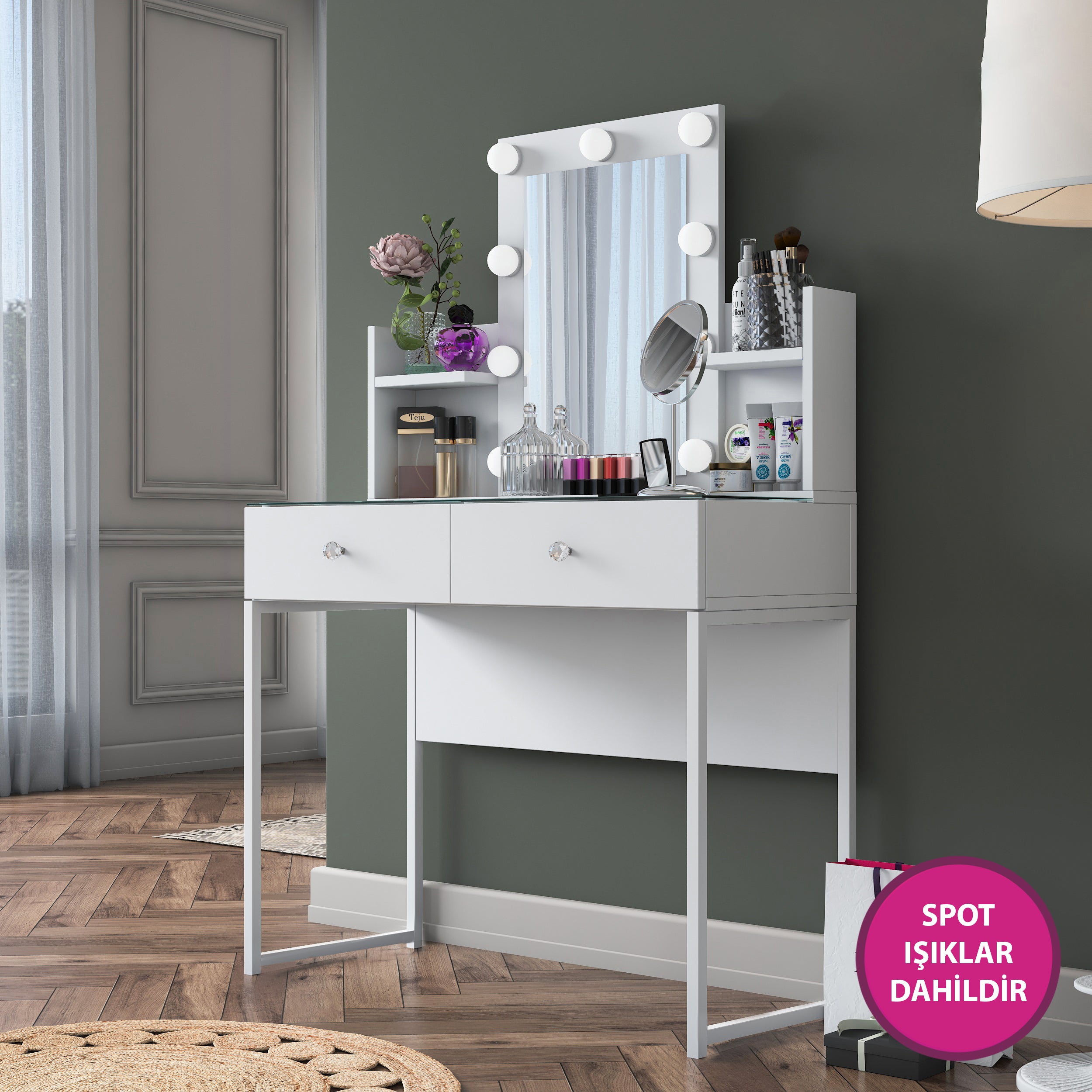 Rani BJ145 Hollywood Işıklı Aynalı Kulis Makyaj Masası Cam Tablalı 2 Çekmeceli Takı Düzenleyici Beyaz