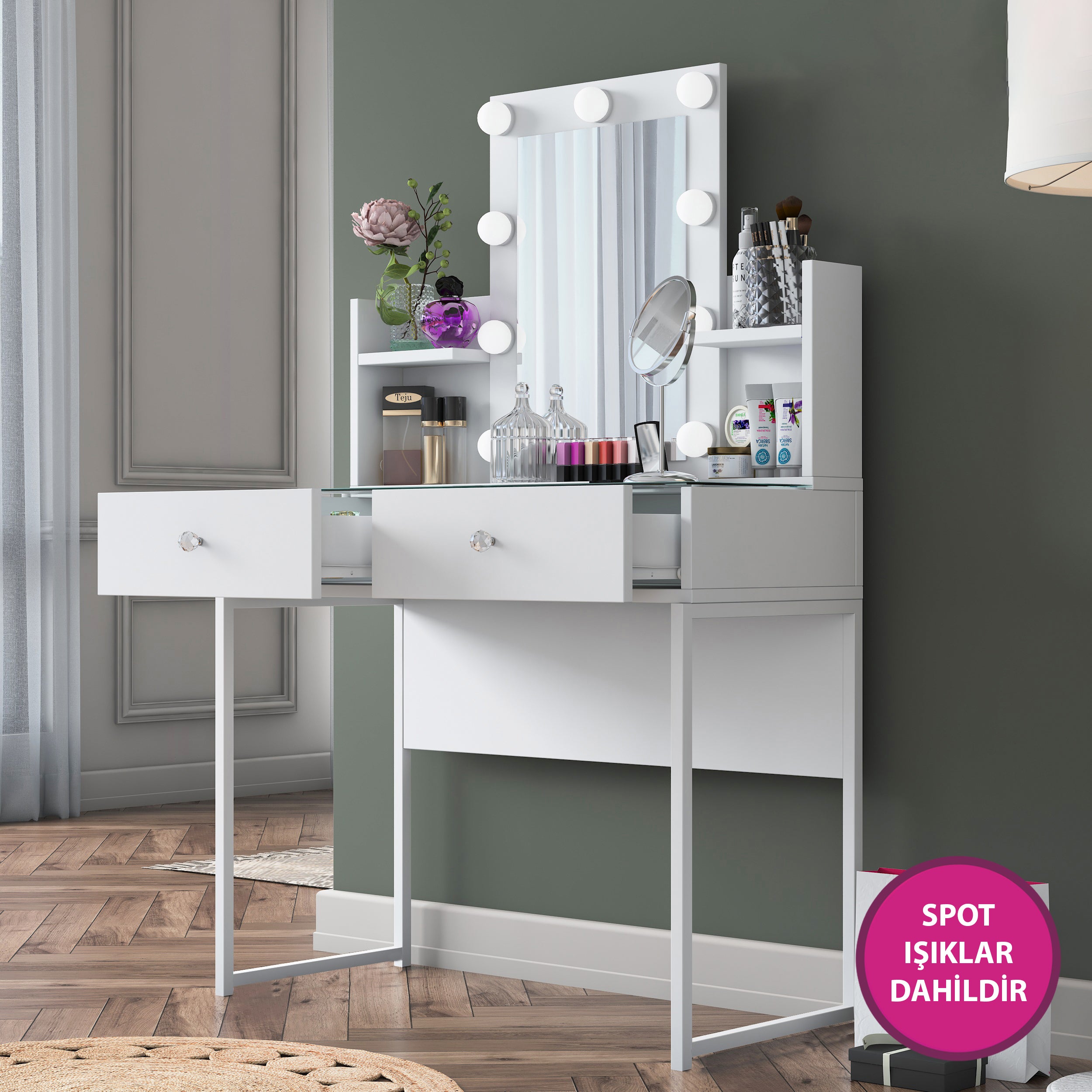 Rani BJ145 Hollywood Işıklı Aynalı Kulis Makyaj Masası Cam Tablalı 2 Çekmeceli Takı Düzenleyici Beyaz