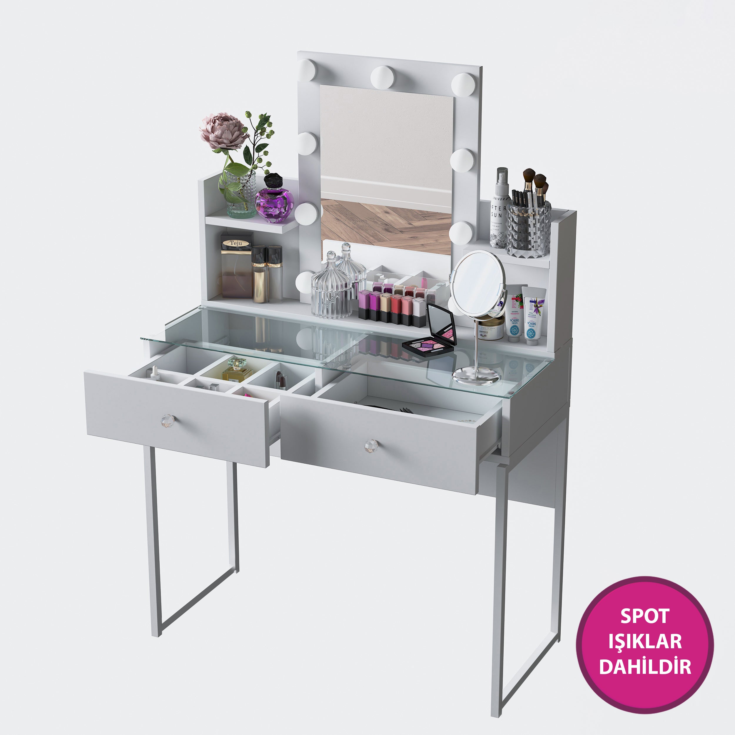 Rani BJ145 Hollywood Işıklı Aynalı Kulis Makyaj Masası Cam Tablalı 2 Çekmeceli Takı Düzenleyici Beyaz