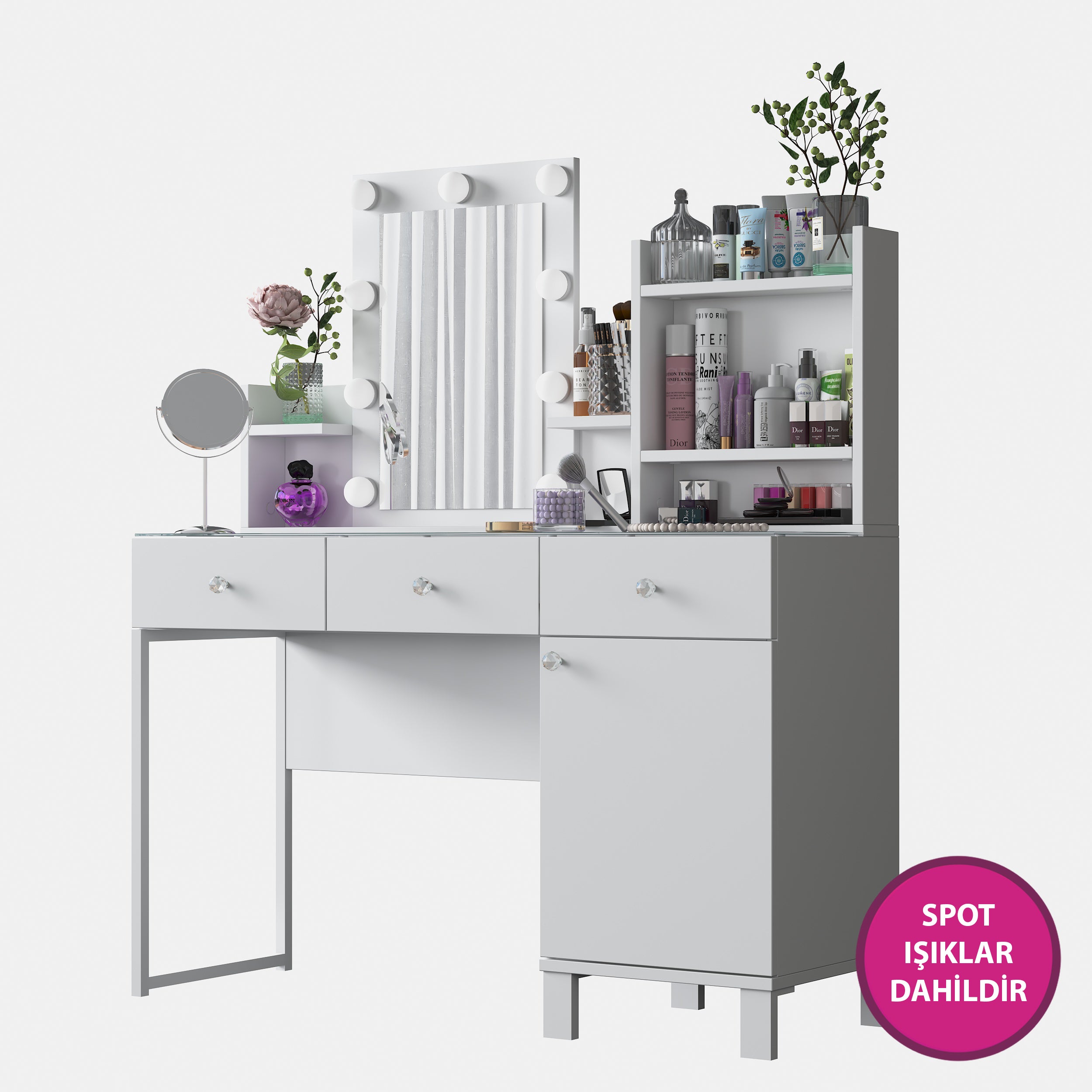 Rani BJ139 Hollywood Işıklı Aynalı Kulis Makyaj Masası Cam Tablalı 3 Çekmeceli Kapaklı Takı Düzenleyici Beyaz