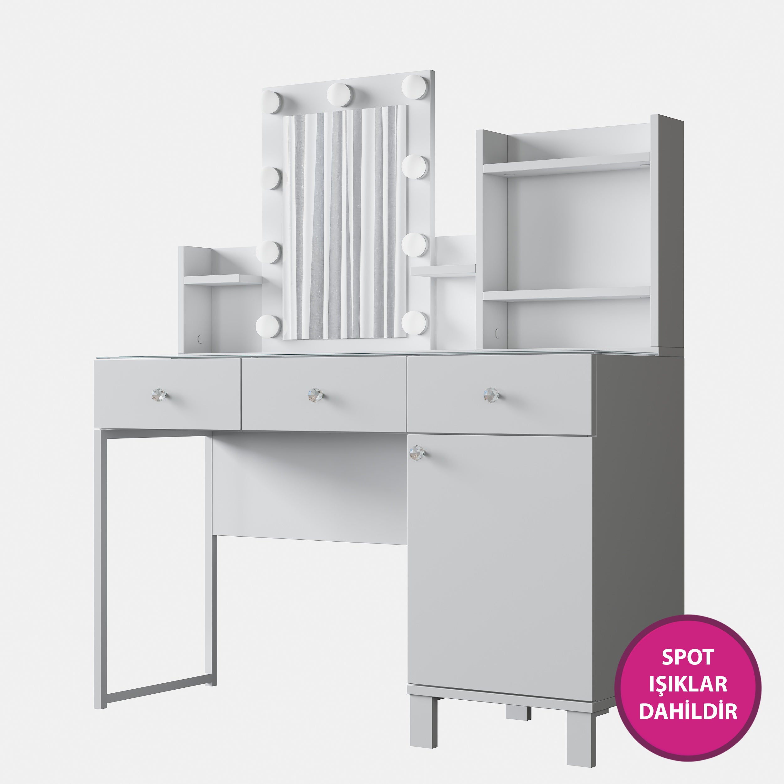 Rani BJ139 Hollywood Işıklı Aynalı Kulis Makyaj Masası Cam Tablalı 3 Çekmeceli Kapaklı Takı Düzenleyici Beyaz