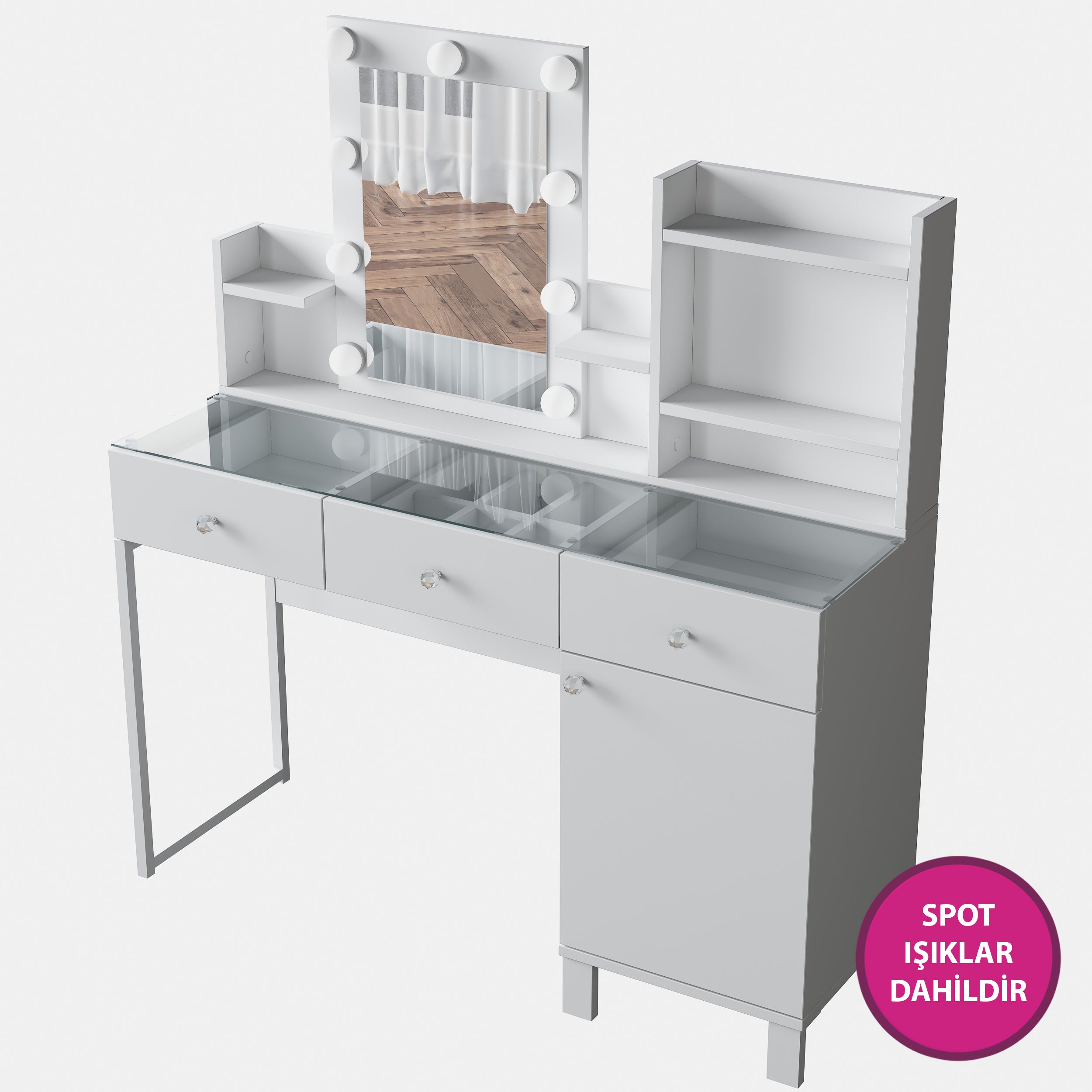 Rani BJ139 Hollywood Işıklı Aynalı Kulis Makyaj Masası Cam Tablalı 3 Çekmeceli Kapaklı Takı Düzenleyici Beyaz