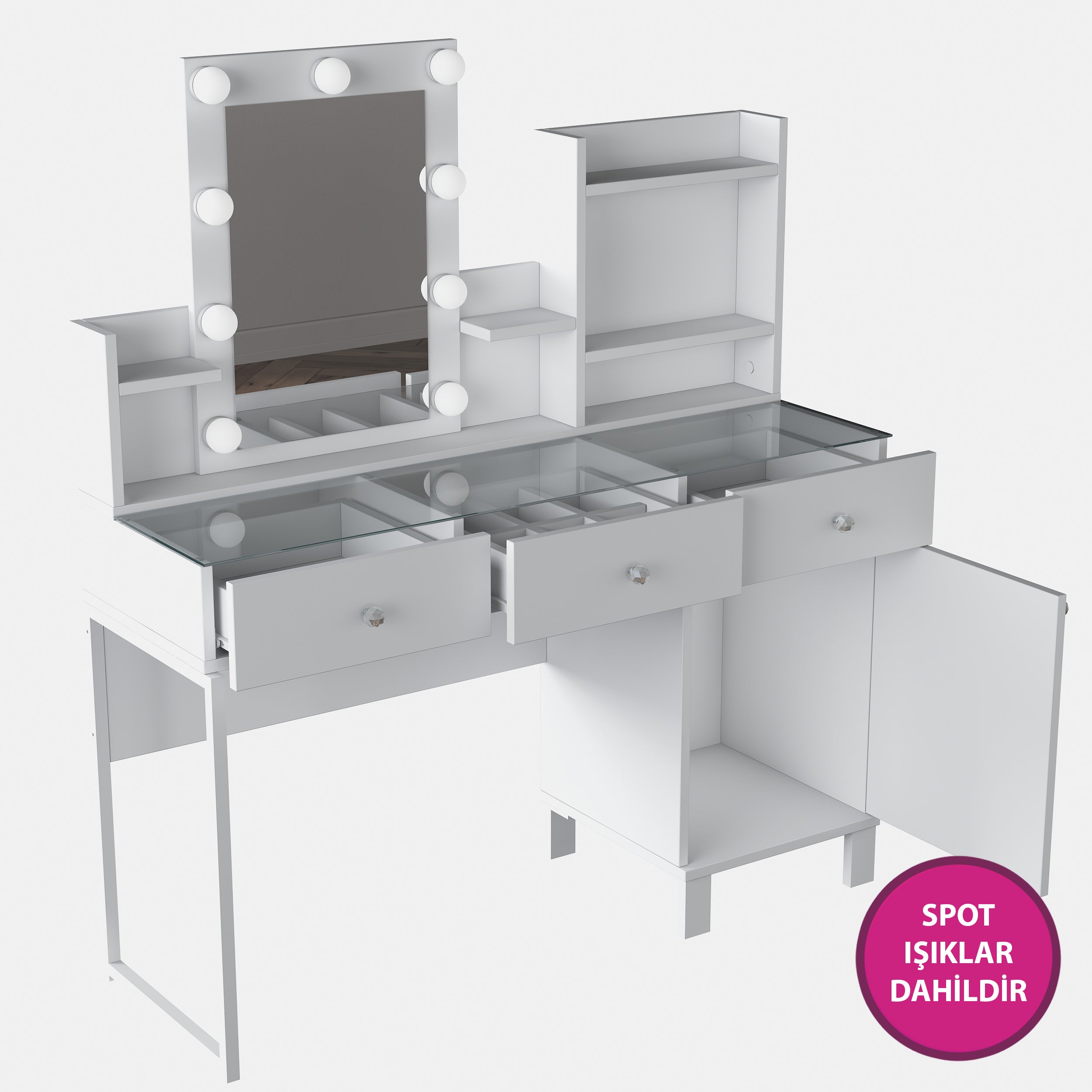 Rani BJ139 Hollywood Işıklı Aynalı Kulis Makyaj Masası Cam Tablalı 3 Çekmeceli Kapaklı Takı Düzenleyici Beyaz