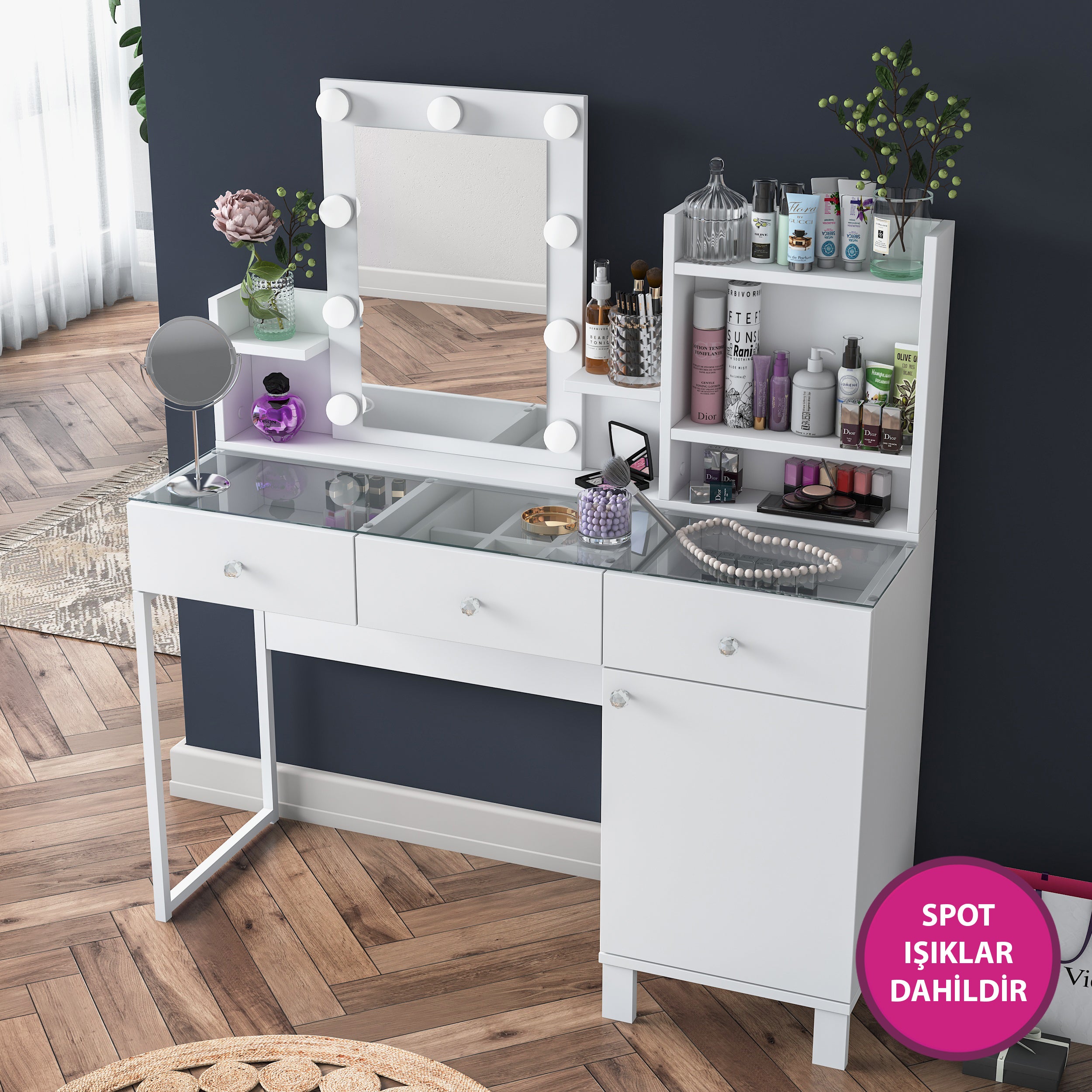 Rani BJ139 Hollywood Işıklı Aynalı Kulis Makyaj Masası Cam Tablalı 3 Çekmeceli Kapaklı Takı Düzenleyici Beyaz