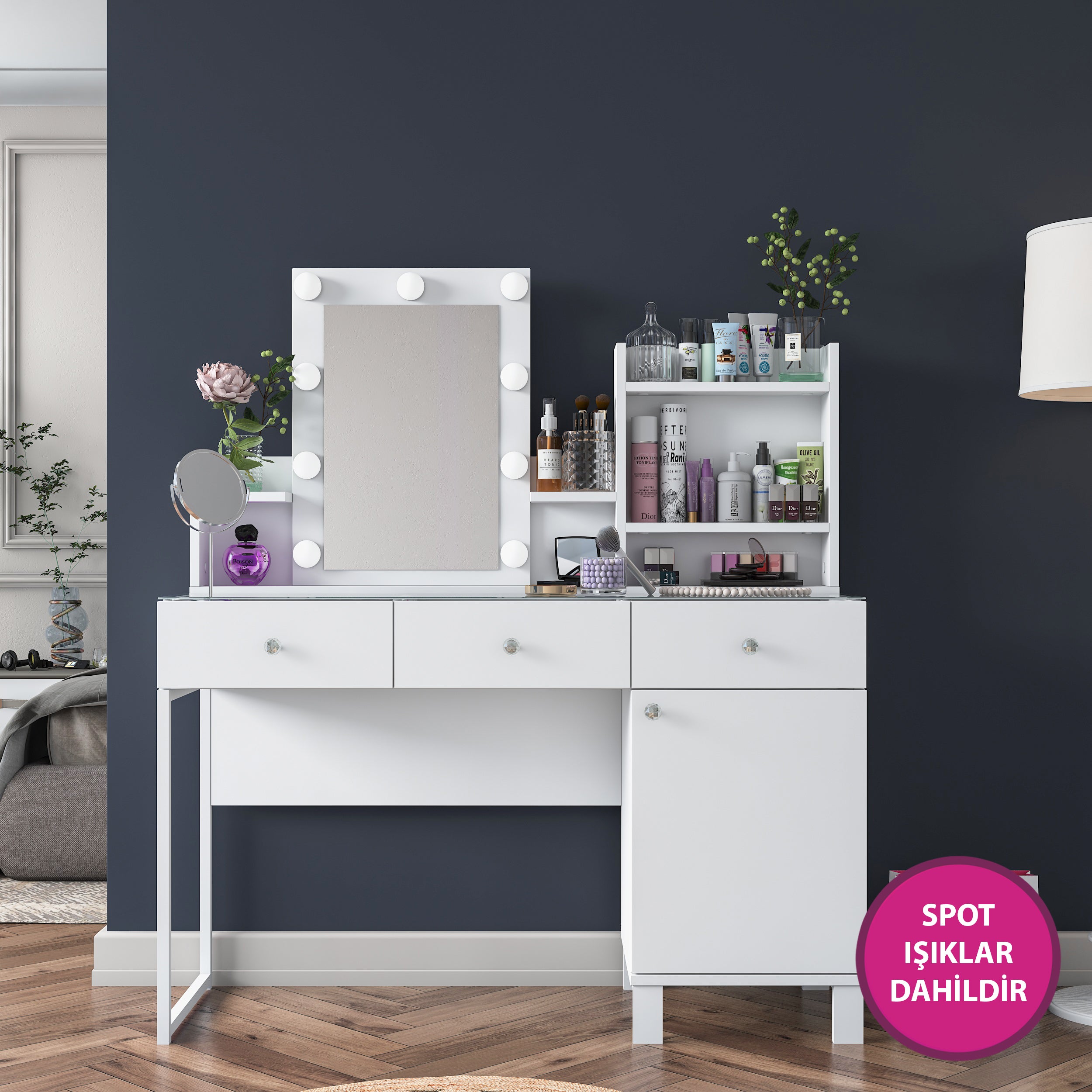 Rani BJ139 Hollywood Işıklı Aynalı Kulis Makyaj Masası Cam Tablalı 3 Çekmeceli Kapaklı Takı Düzenleyici Beyaz