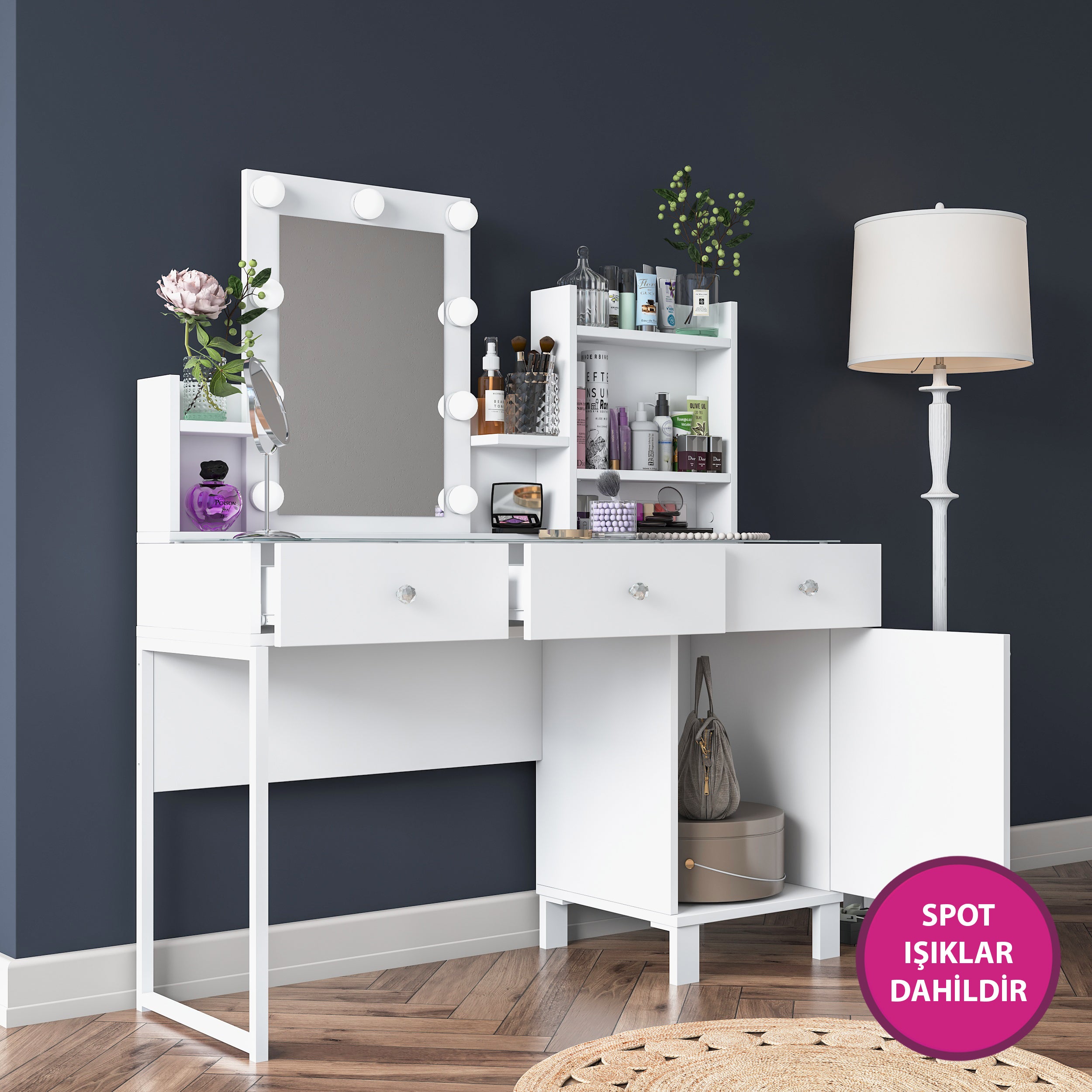 Rani BJ139 Hollywood Işıklı Aynalı Kulis Makyaj Masası Cam Tablalı 3 Çekmeceli Kapaklı Takı Düzenleyici Beyaz